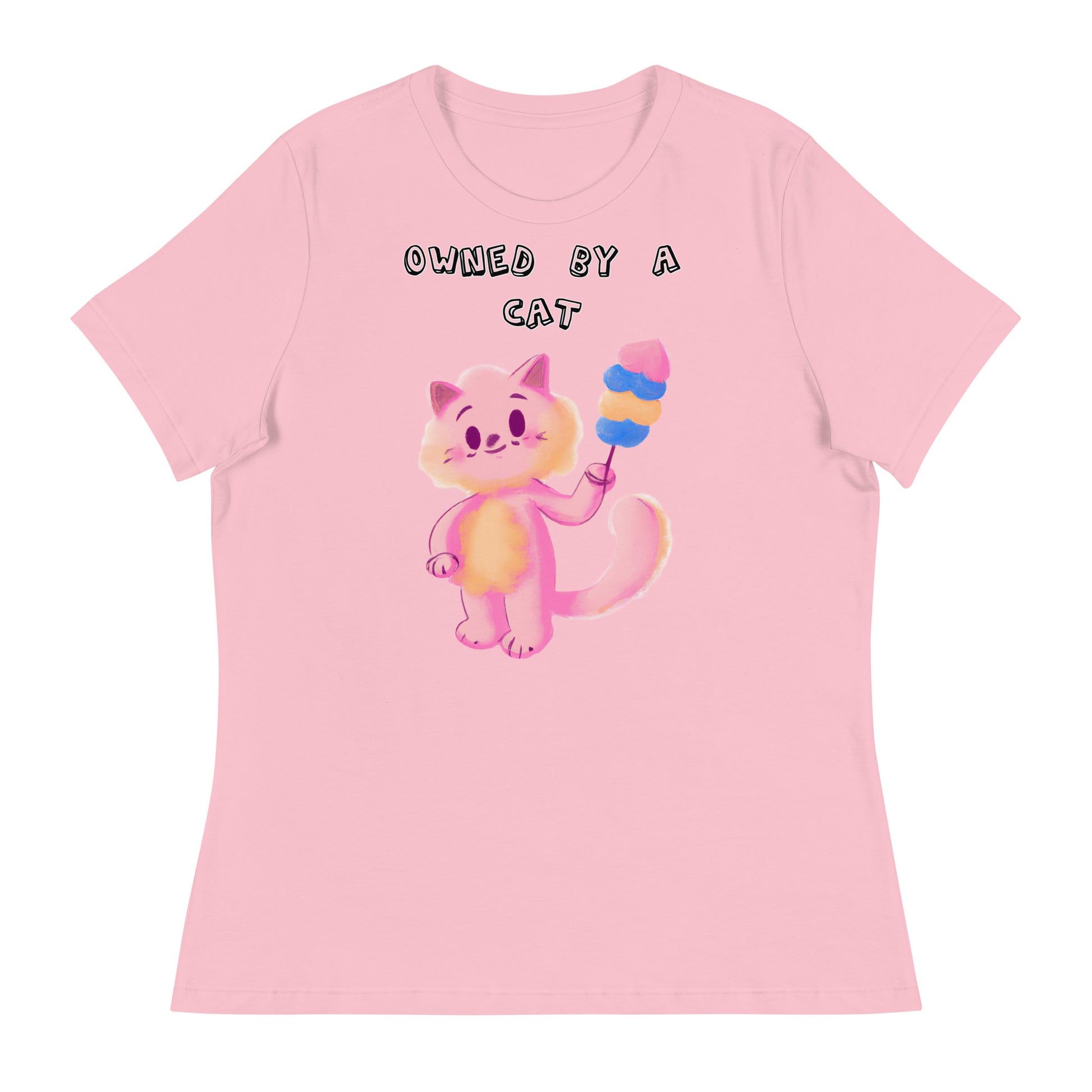 Women's White T-Shirt with Pink Cat With Cotton Candy with a text "Owned by a Cat" at $25.97 found at Personalizedpetlovergifts