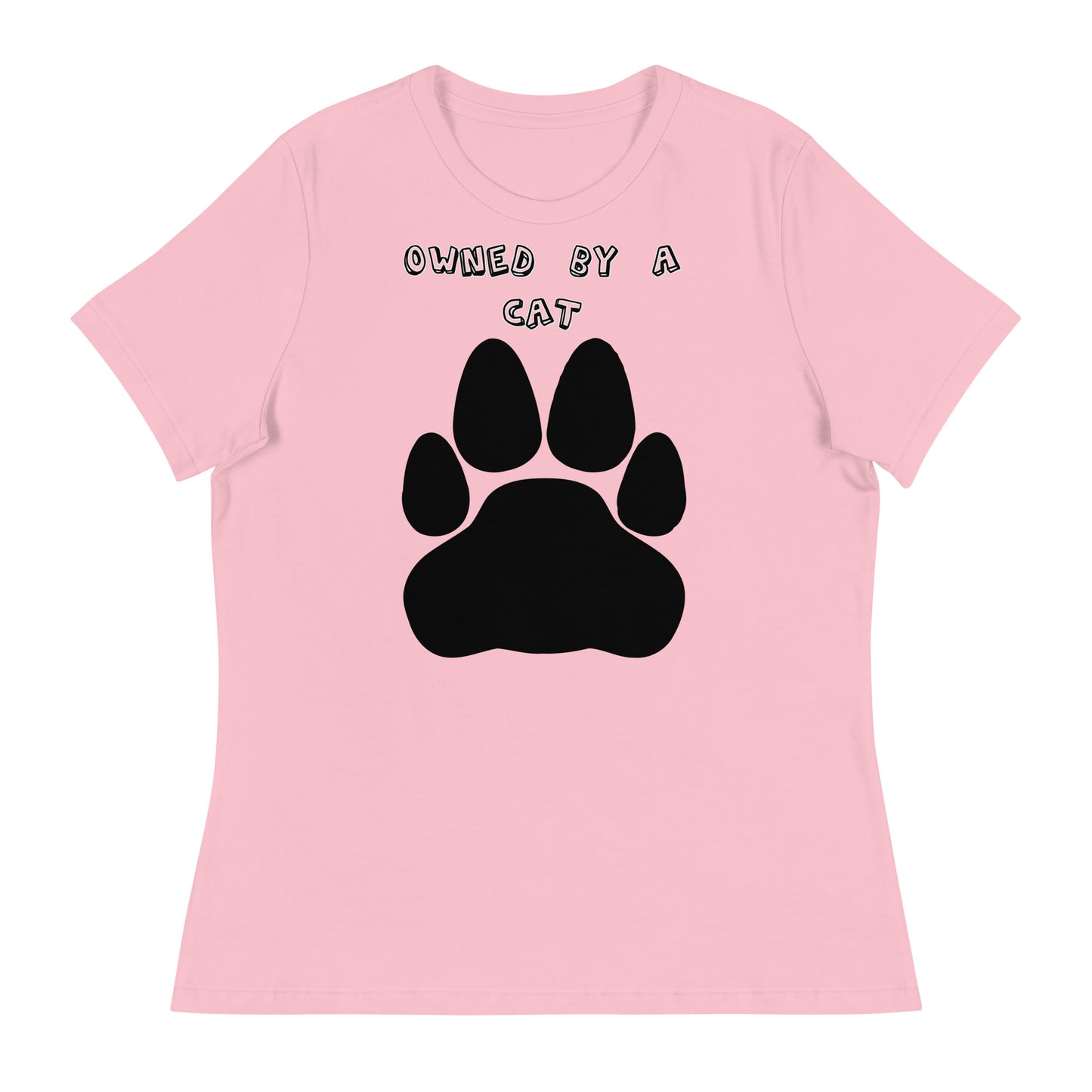 Women's White T-Shirt with Paw with a text "Owned by a Cat" at $25.97 found at Personalizedpetlovergifts