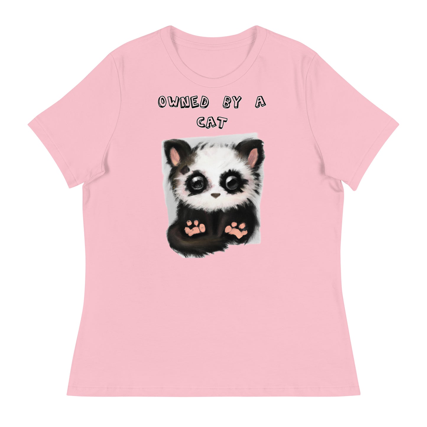 Women's White T-Shirt with Panda Kitten with a text "Owned by a Cat" at $25.97 found at Personalizedpetlovergifts