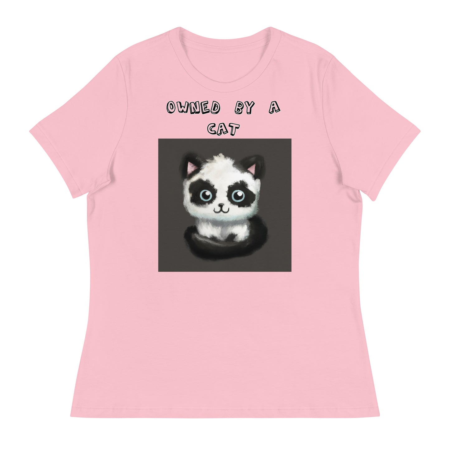 Women's White T-Shirt with Panda Colored Kitten with a text "Owned by a Cat" at $25.97 found at Personalizedpetlovergifts