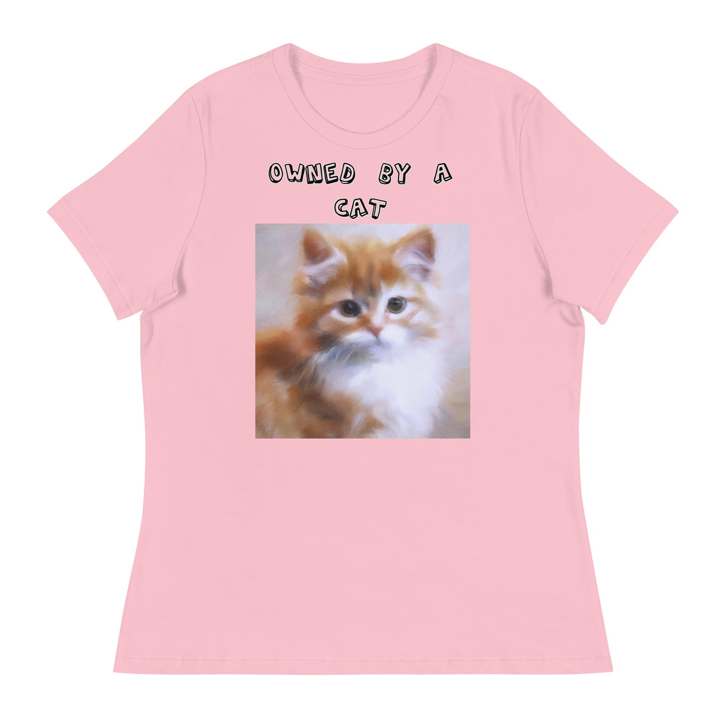 Women's White T-Shirt with Orange Fluffy Kitten with a text "Owned by a Cat" at $25.97 found at Personalizedpetlovergifts