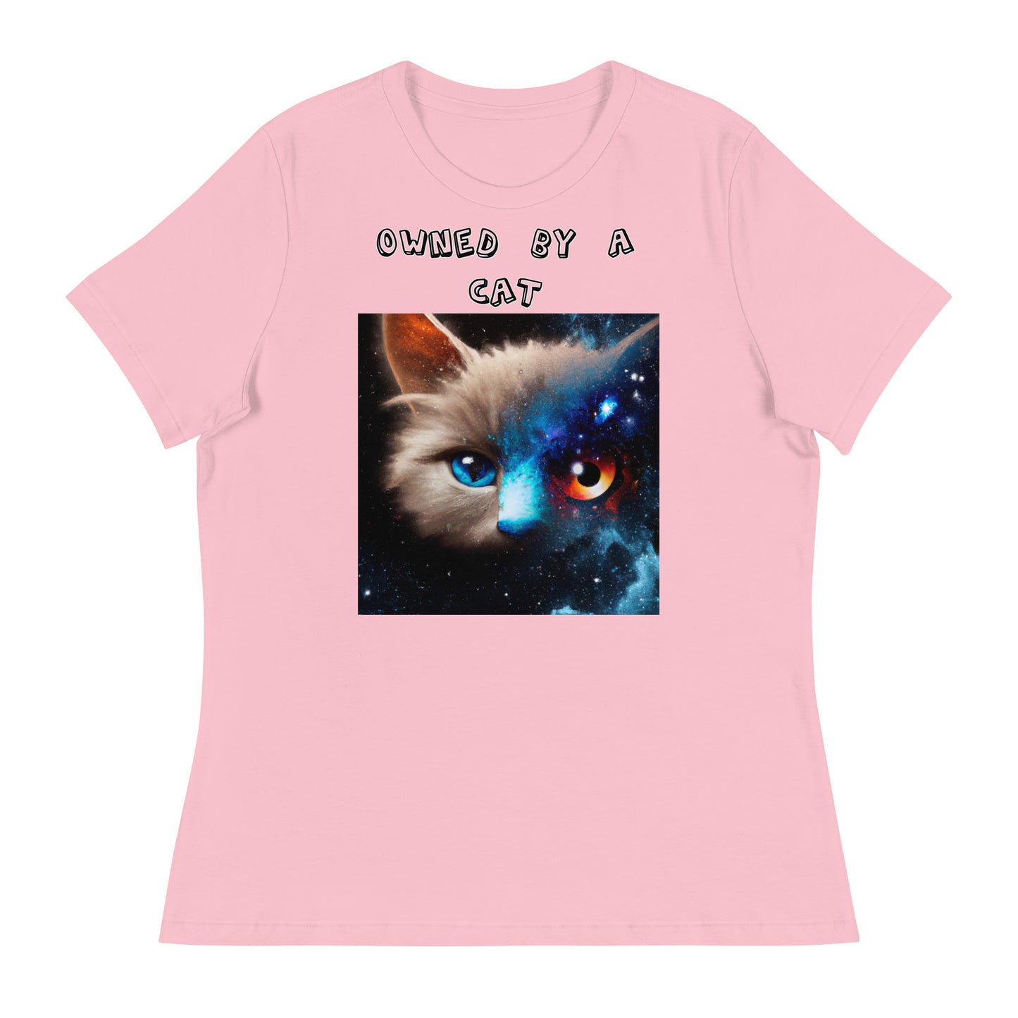 Women's White T-Shirt with Multi Colored Eyed Cat with a text "Owned by a Cat" at $25.97 found at Personalizedpetlovergifts