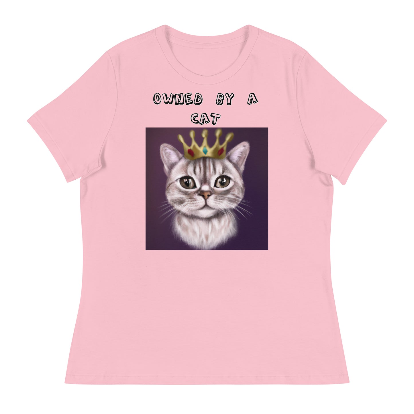 Women's White T-Shirt with Little Prince Kitten with a text "Owned by a Cat" at $25.97 found at Personalizedpetlovergifts