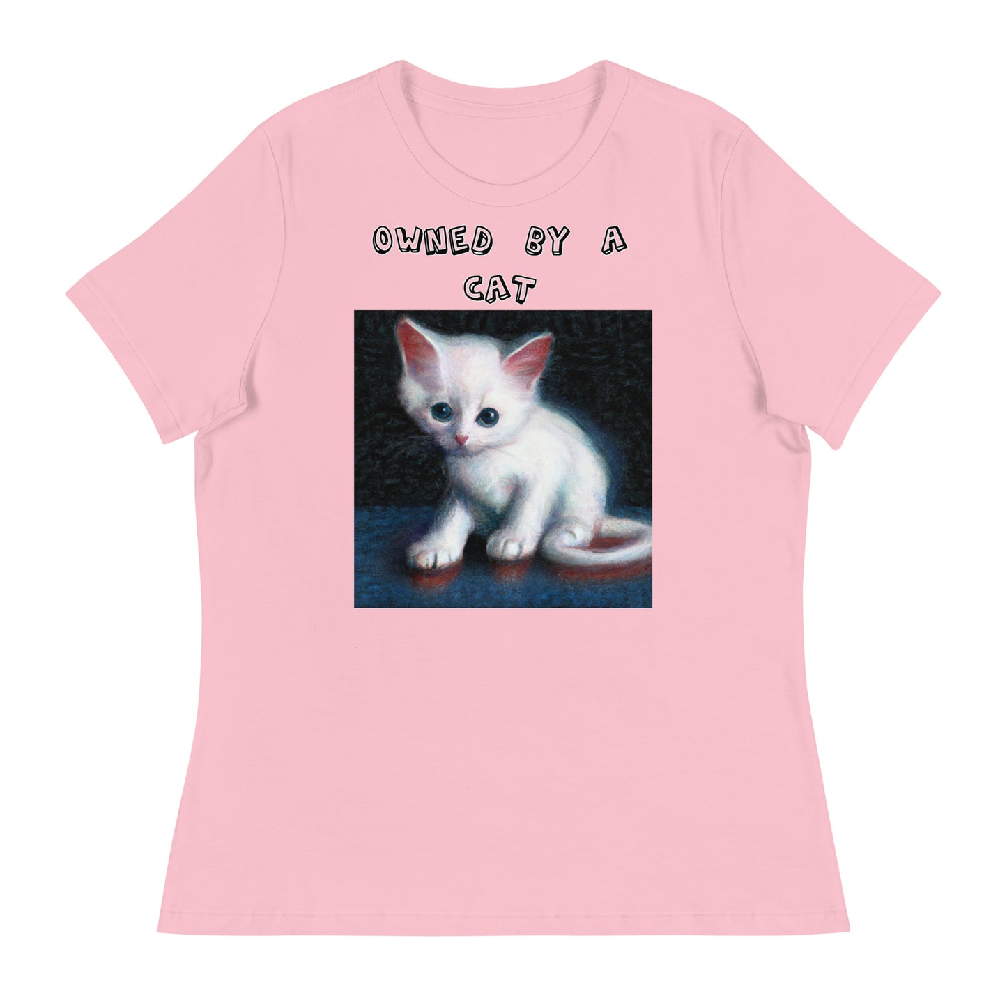 Women's White T-Shirt with Little Kitten with a text "Owned by a Cat" at $25.97 found at Personalizedpetlovergifts