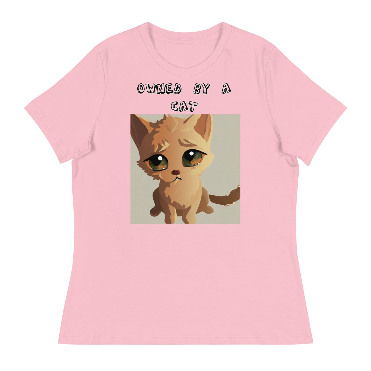 Women's White T-Shirt with Kitten With Sad Eyes with a text "Owned by a Cat" at $25.97 found at Personalizedpetlovergifts