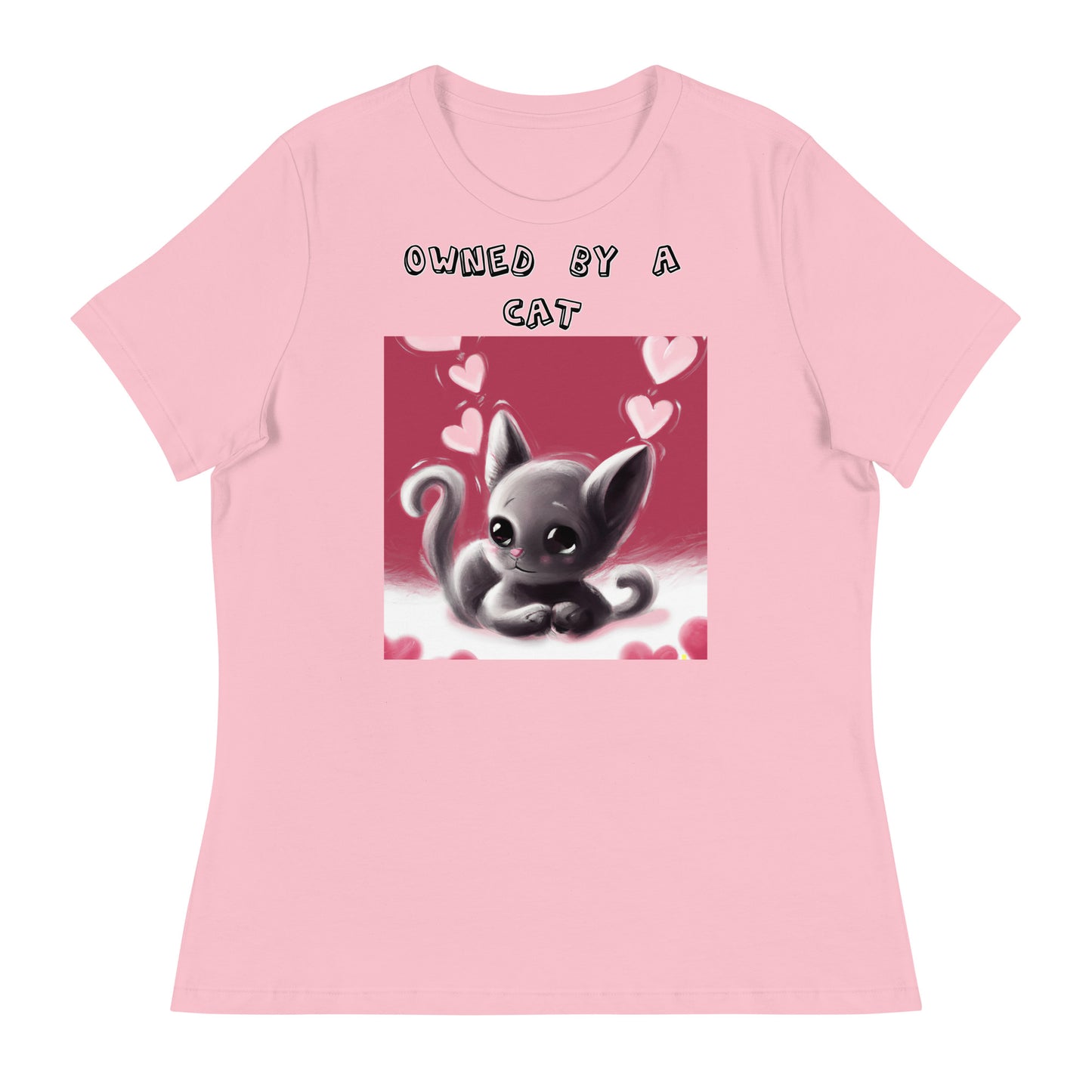 Women's White T-Shirt with Kitten With Pink Hearts with a text "Owned by a Cat" at $25.97 found at Personalizedpetlovergifts