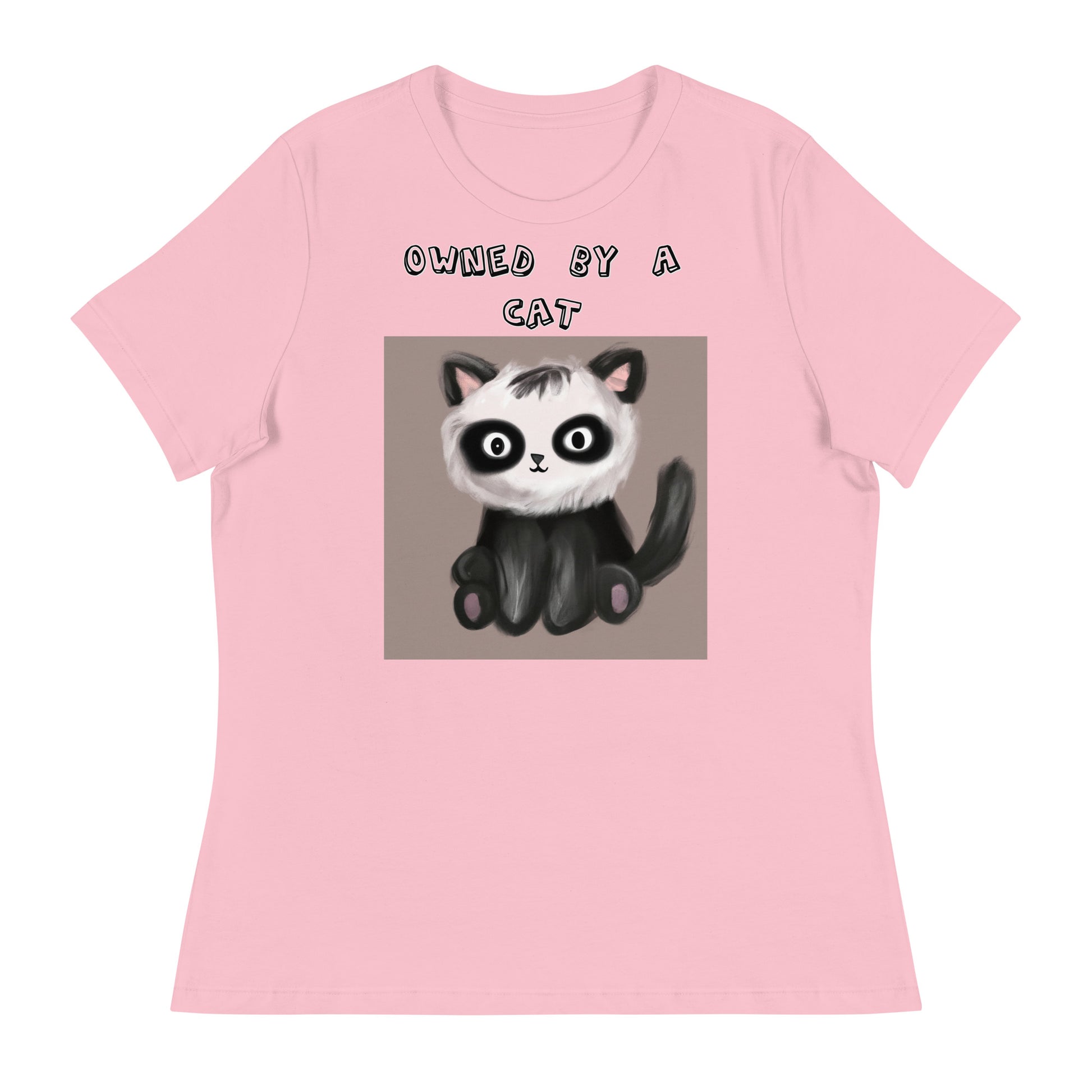 Women's White T-Shirt with Kitten With Panda Colors with a text "Owned by a Cat" at $25.97 found at Personalizedpetlovergifts