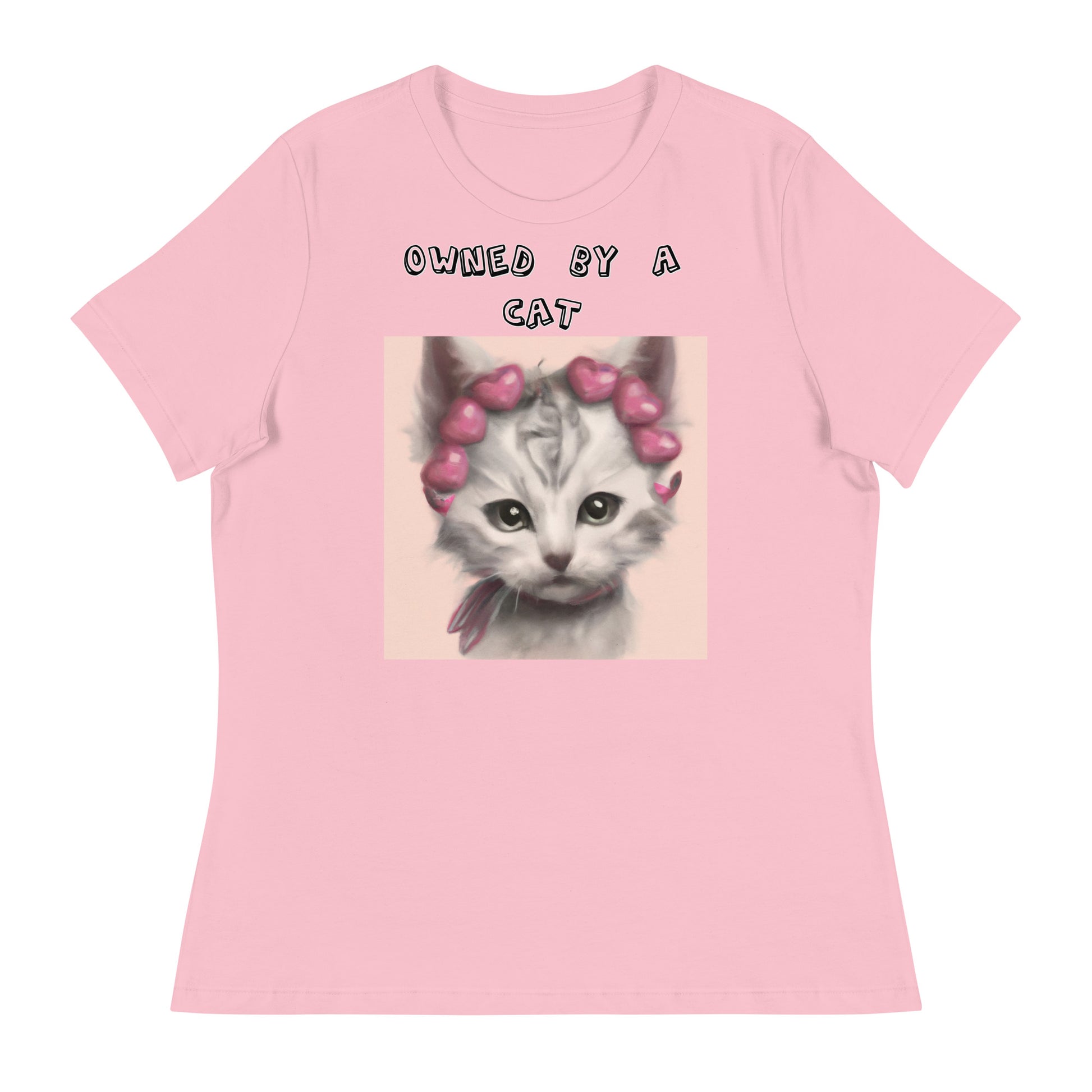 Women's White T-Shirt with Kitten With Heart Headband with a text "Owned by a Cat" at $25.97 found at Personalizedpetlovergifts