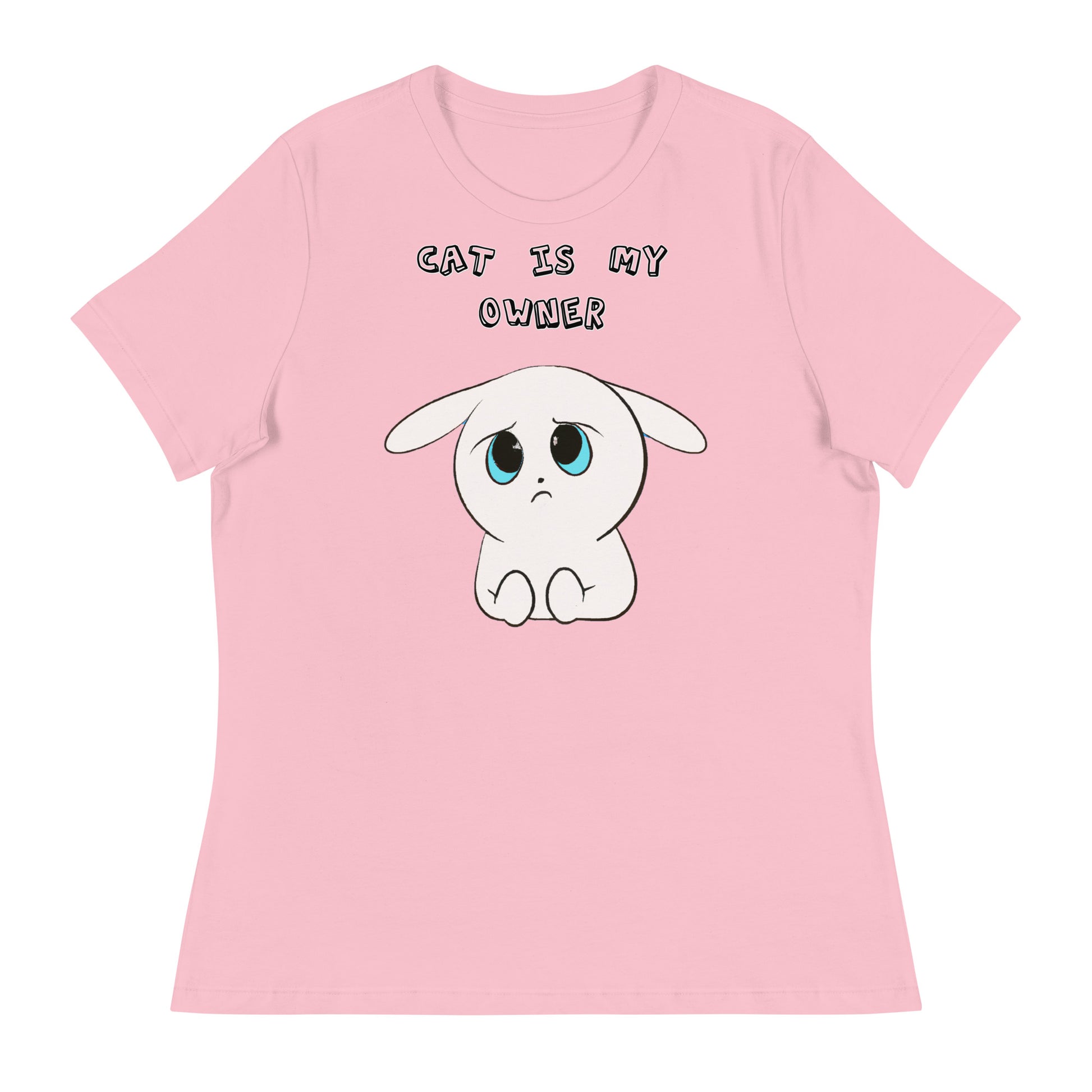 Women's T-Shirt with Sad White Kitten with a text "Cat Is My Owner" at $25.97 found at Personalizedpetlovergifts