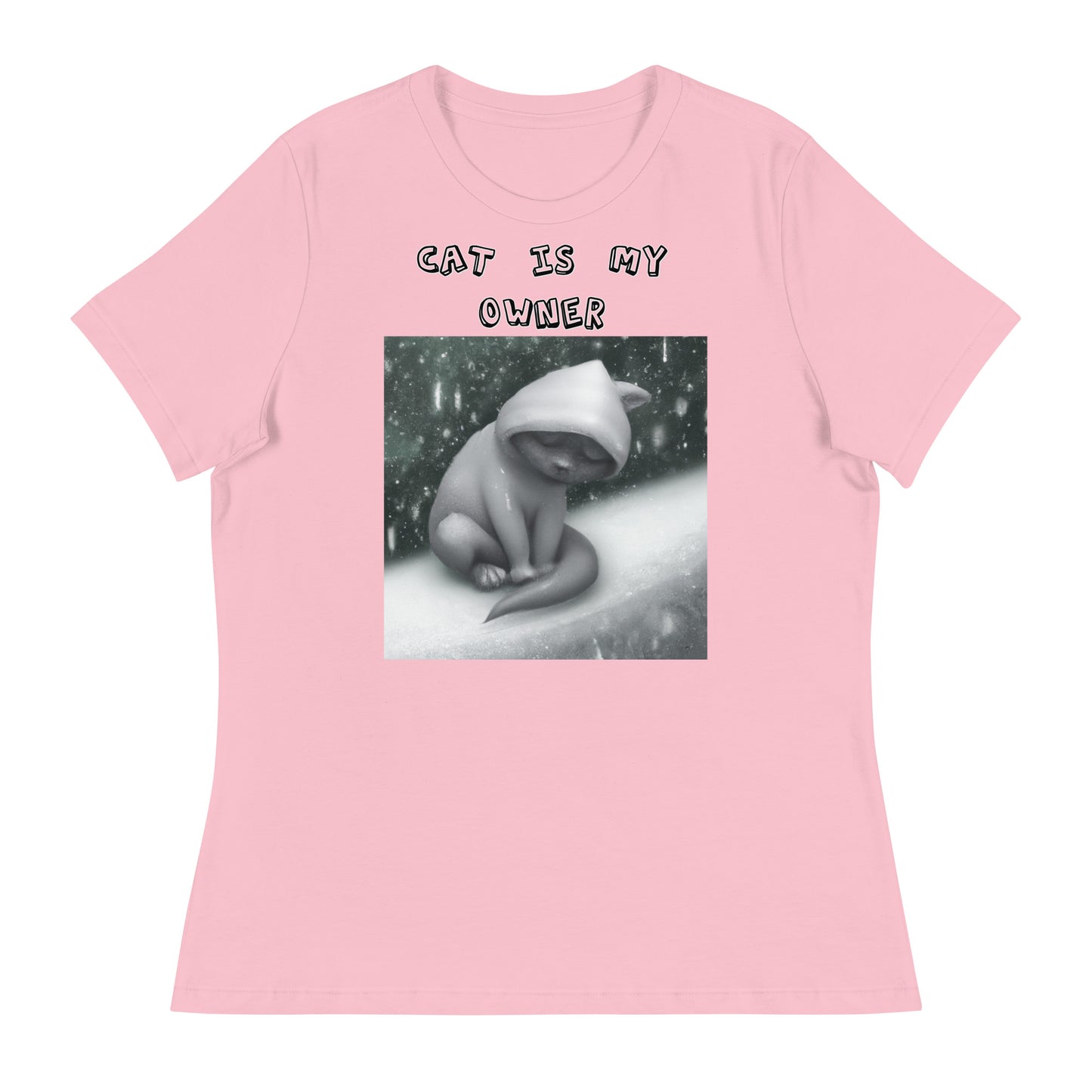 Women's White T-Shirt with Sad Cold Kitten In The Snow with a text "Cat Is My Owner" at $25.97 found at Personalizedpetlovergifts