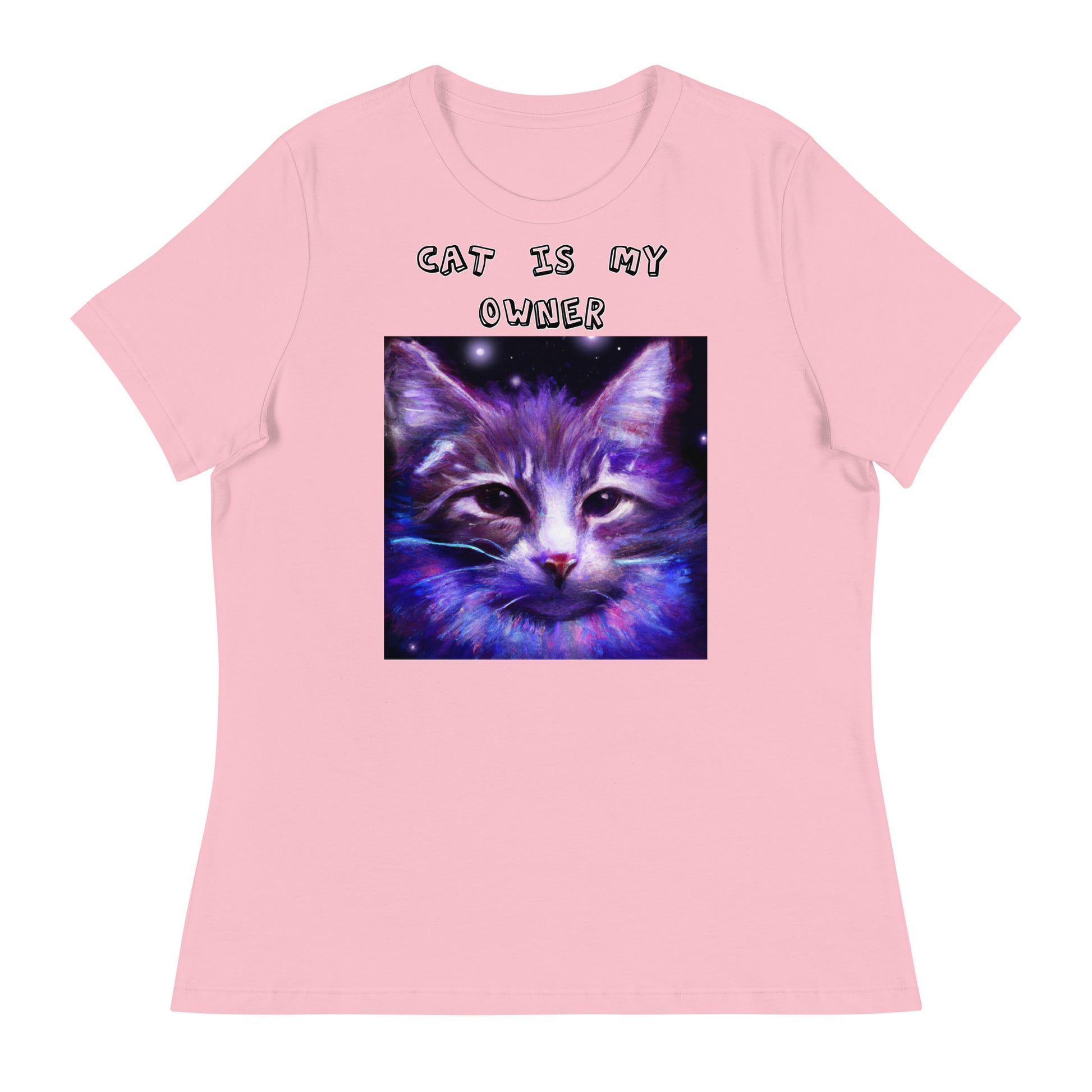 Women's White T-Shirt with Purple Space Cat with a text "Cat Is My Owner" at $25.97 found at Personalizedpetlovergifts