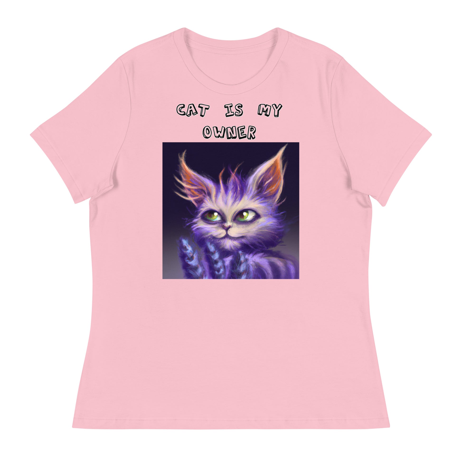 Women's White T-Shirt with Purple Alien Cat with a text "Cat Is My Owner" at $25.97 found at Personalizedpetlovergifts