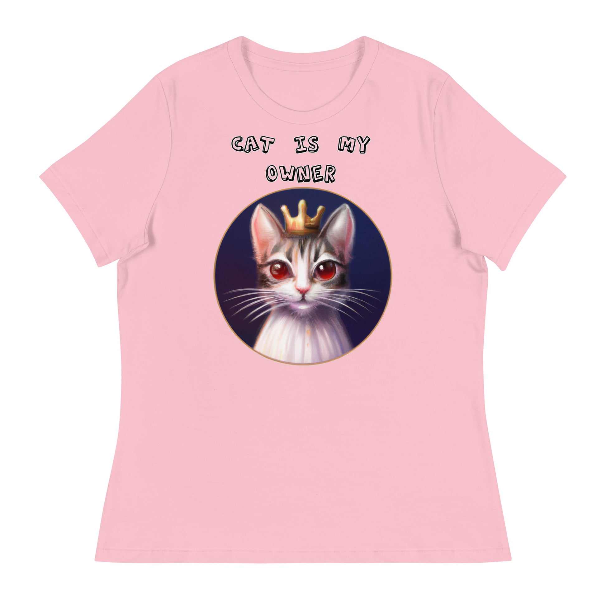 Women's White T-Shirt with Princess Cat With Red Eyes with a text "Cat Is My Owner" at $25.97 found at Personalizedpetlovergifts