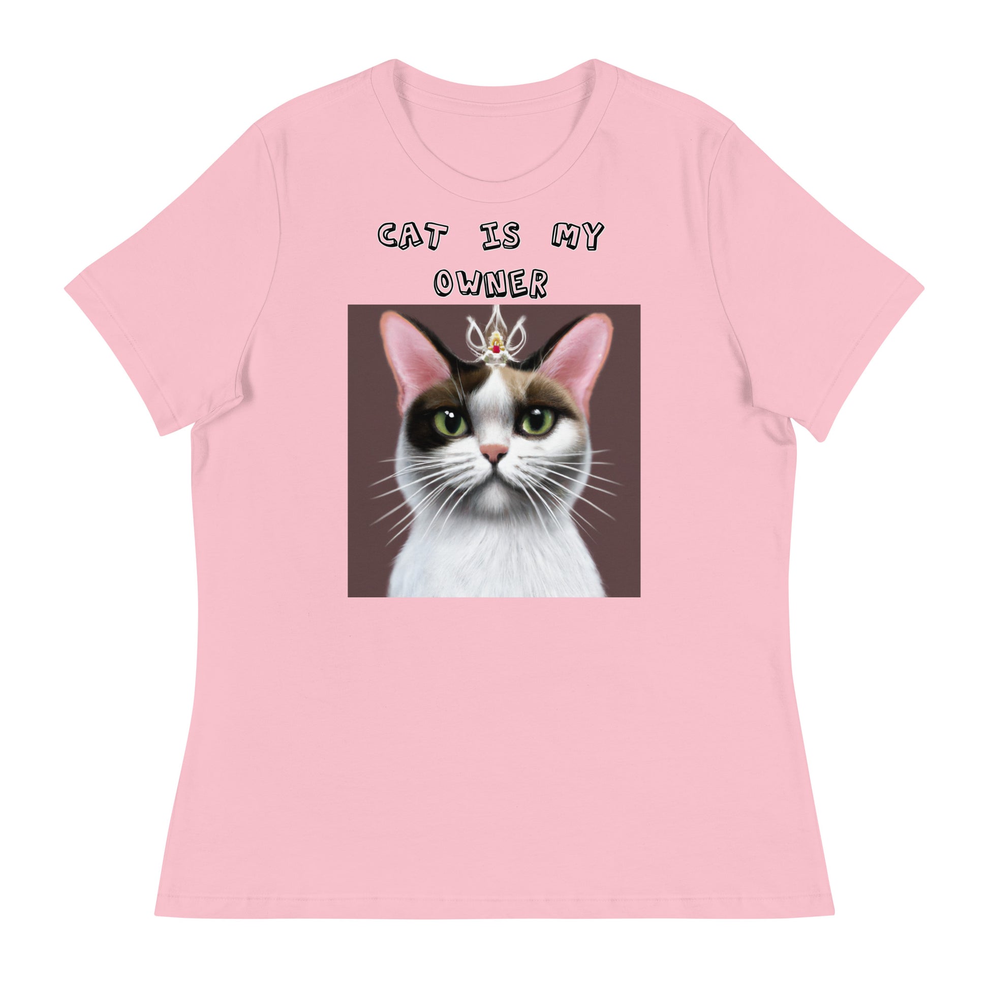 Women's White T-Shirt with Princess Cat With a Tiara with a text "Cat Is My Owner" at $25.97 found at Personalizedpetlovergifts