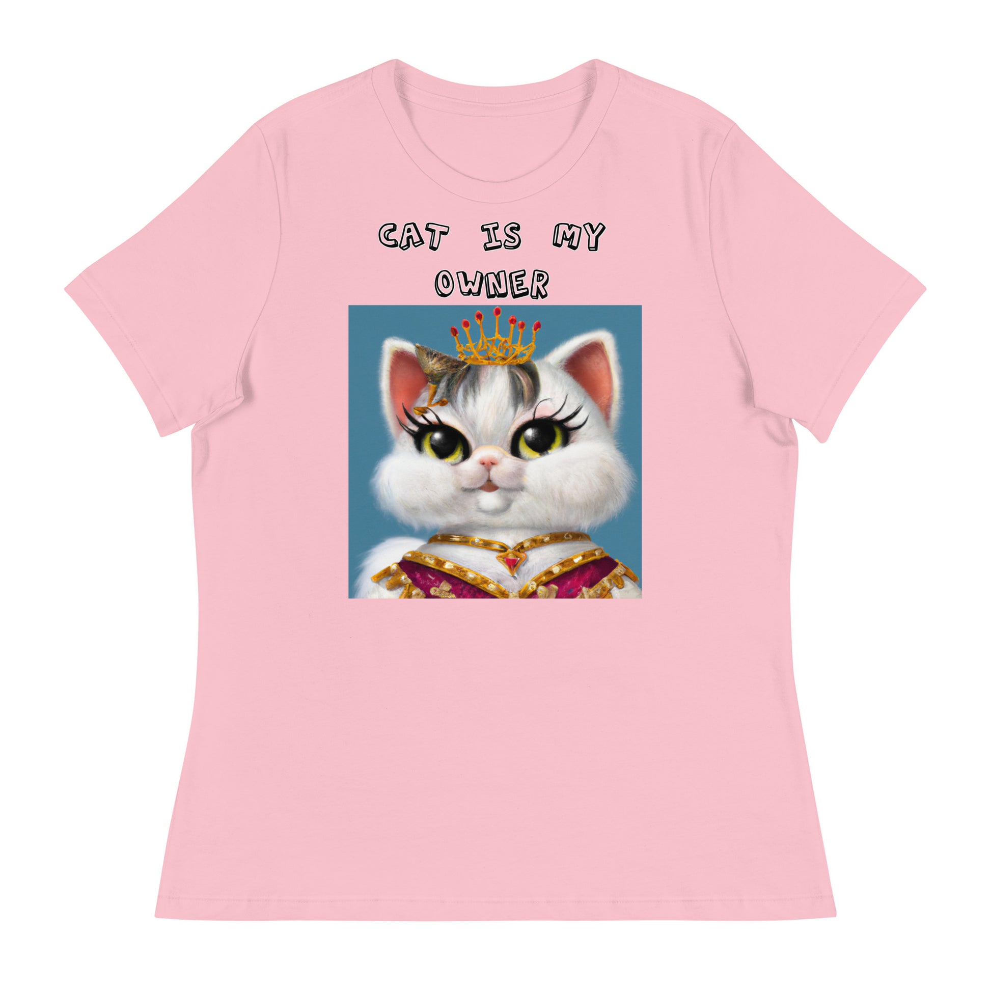 Women's White T-Shirt with Pretty Queen Cat with a text "Cat Is My Owner" at $25.97 found at Personalizedpetlovergifts