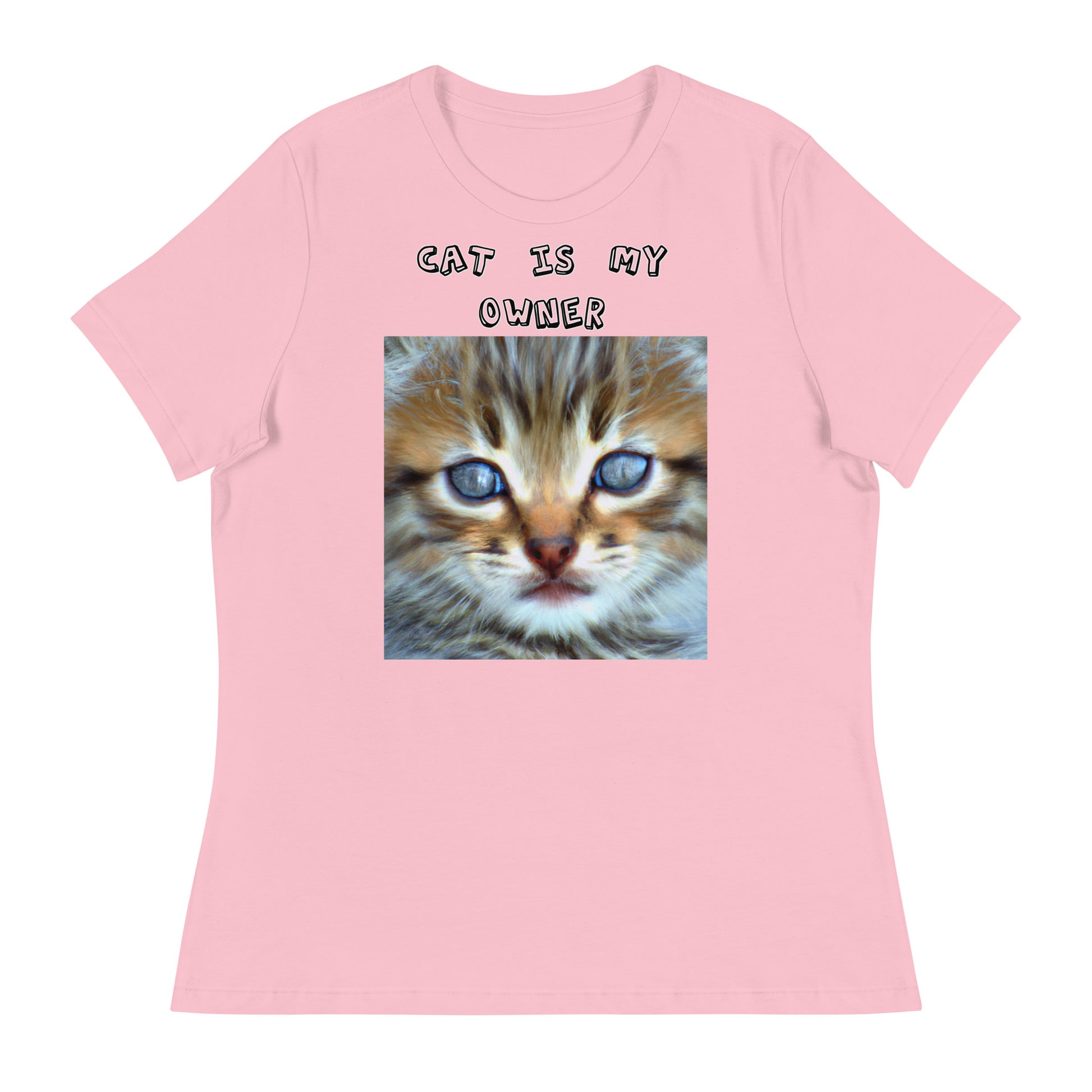 Women's White T-Shirt with Portrait Painting Of a Kitten with a text "Cat Is My Owner" at $25.97 found at Personalizedpetlovergifts