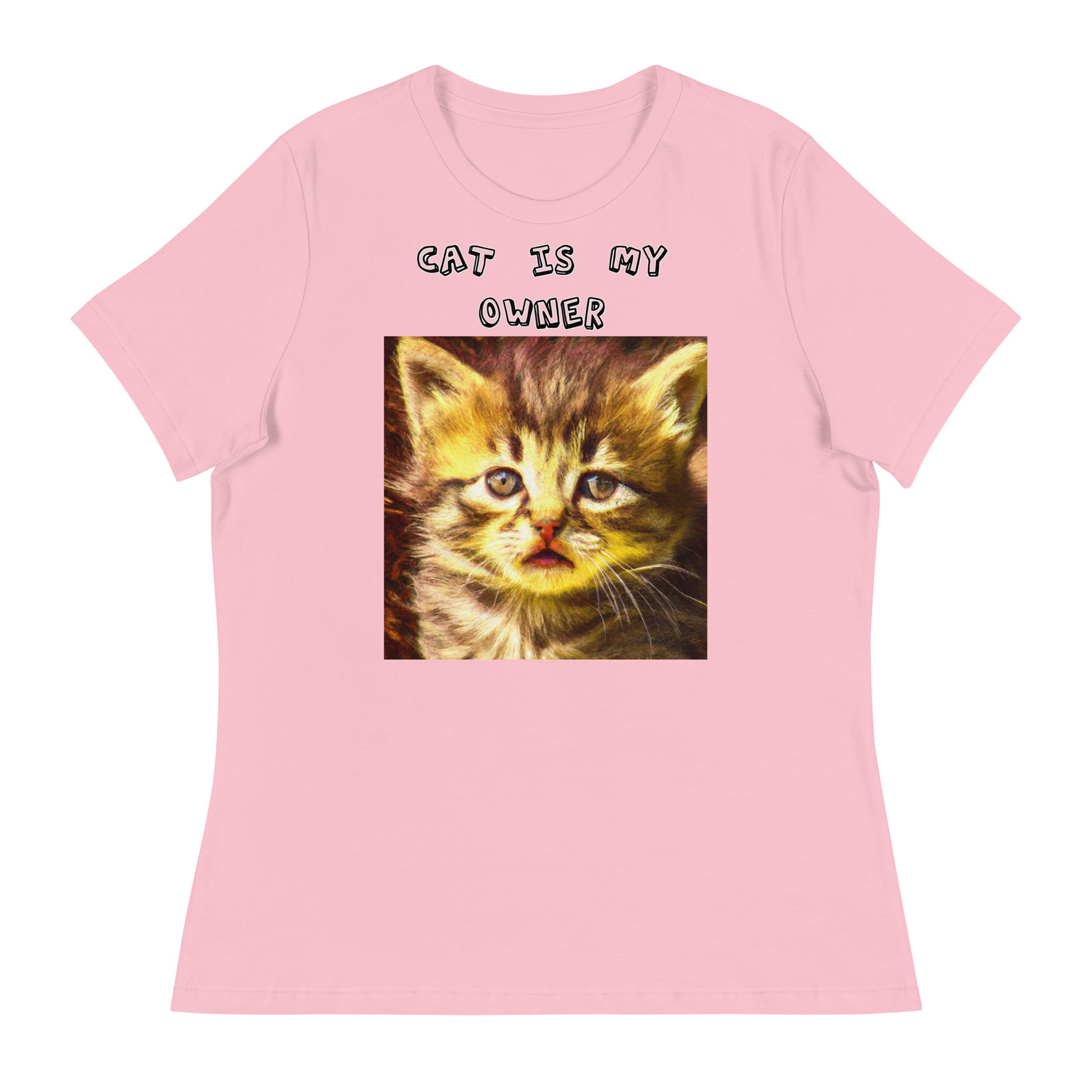 Women's White T-Shirt with Portrait Of a Fluffy Kitten with a text "Cat Is My Owner" at $25.97 found at Personalizedpetlovergifts