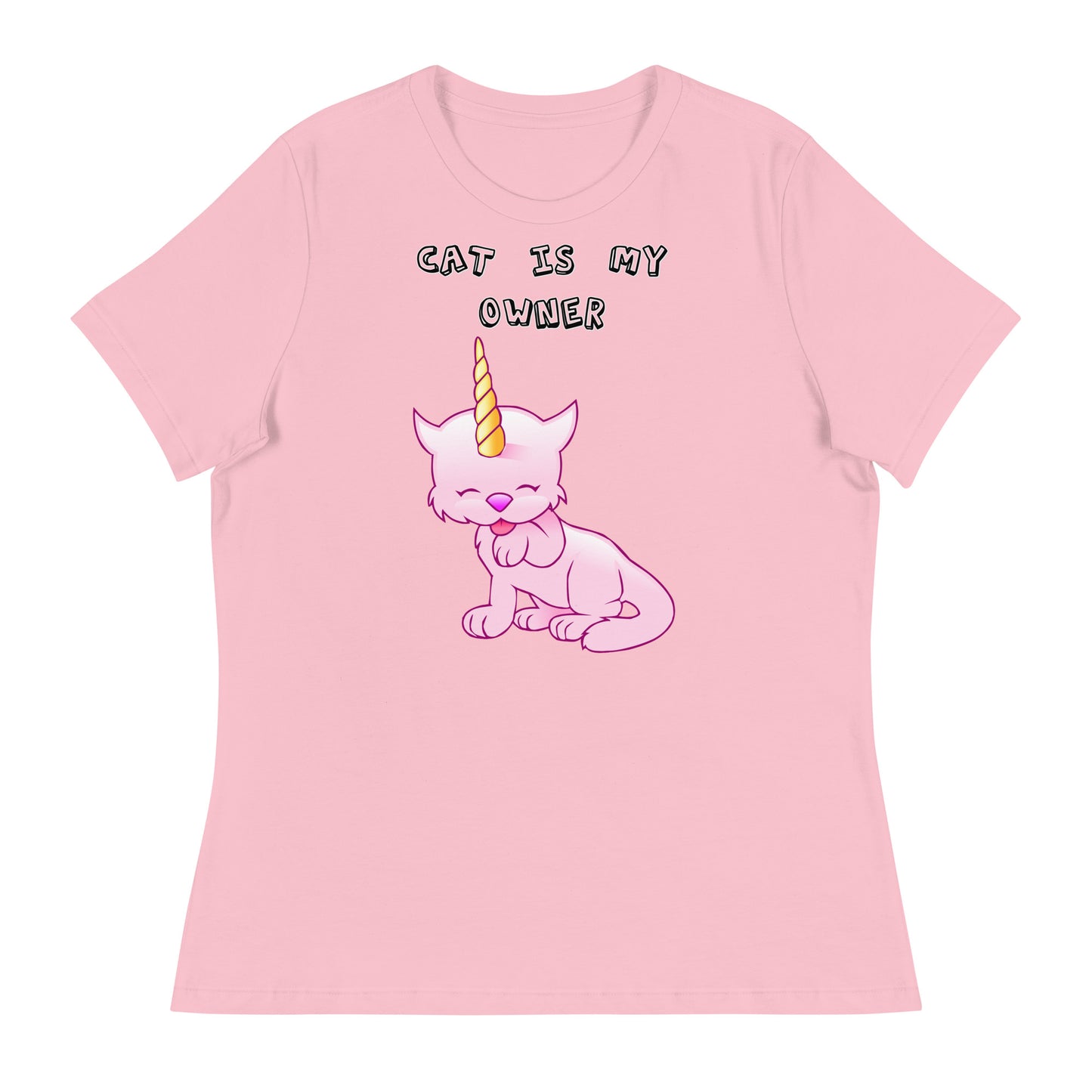 Women's White T-Shirt with Pink Unicorn Cat Licking Its Paw with a text "Cat Is My Owner" at $25.97 found at Personalizedpetlovergifts