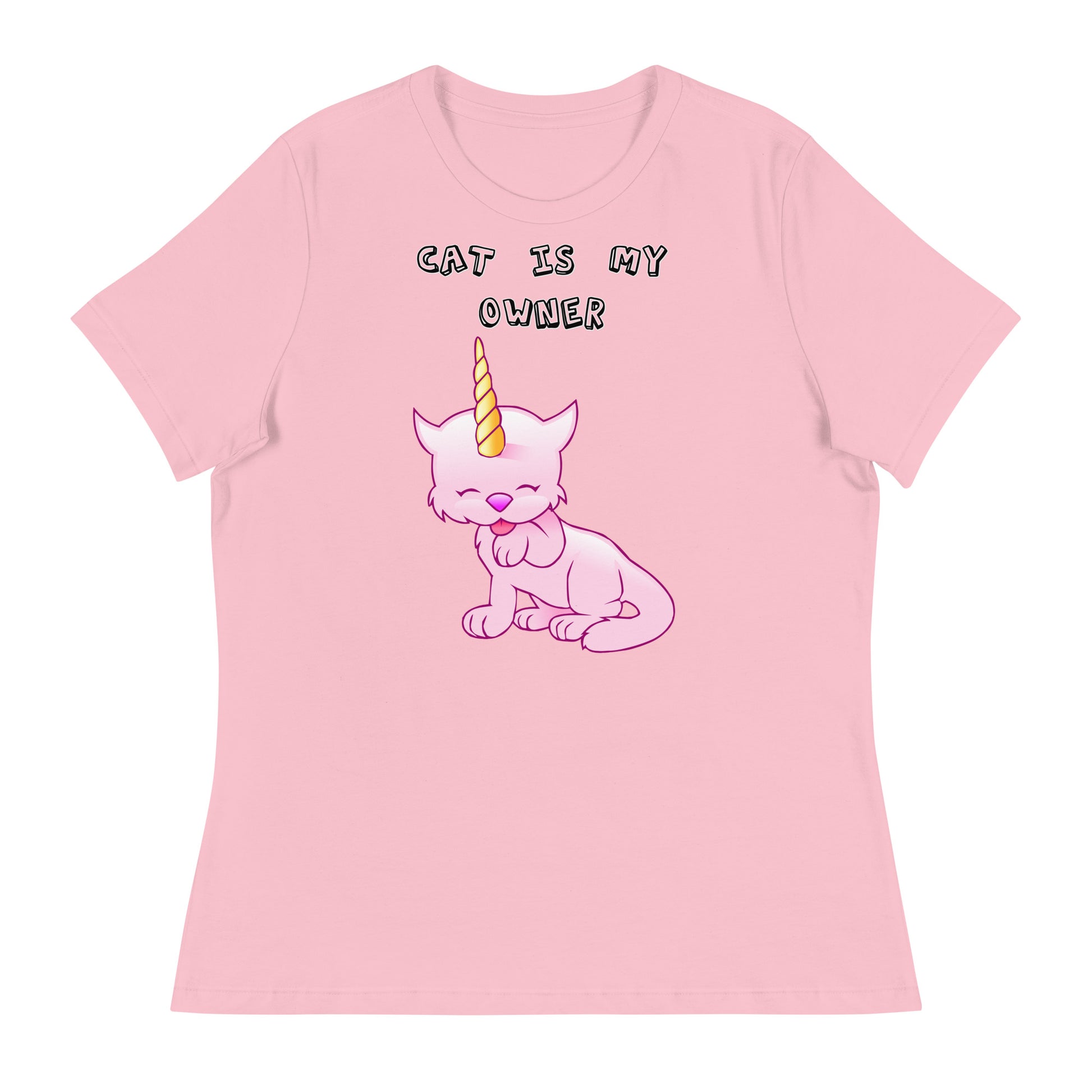 Women's White T-Shirt with Pink Unicorn Cat Licking Its Paw with a text "Cat Is My Owner" at $25.97 found at Personalizedpetlovergifts