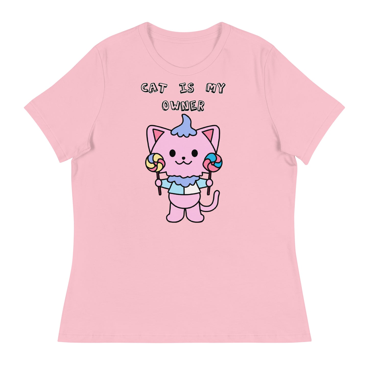 Women's White T-Shirt with Pink Kitten With Lollipops with a text "Cat Is My Owner" at $25.97 found at Personalizedpetlovergifts