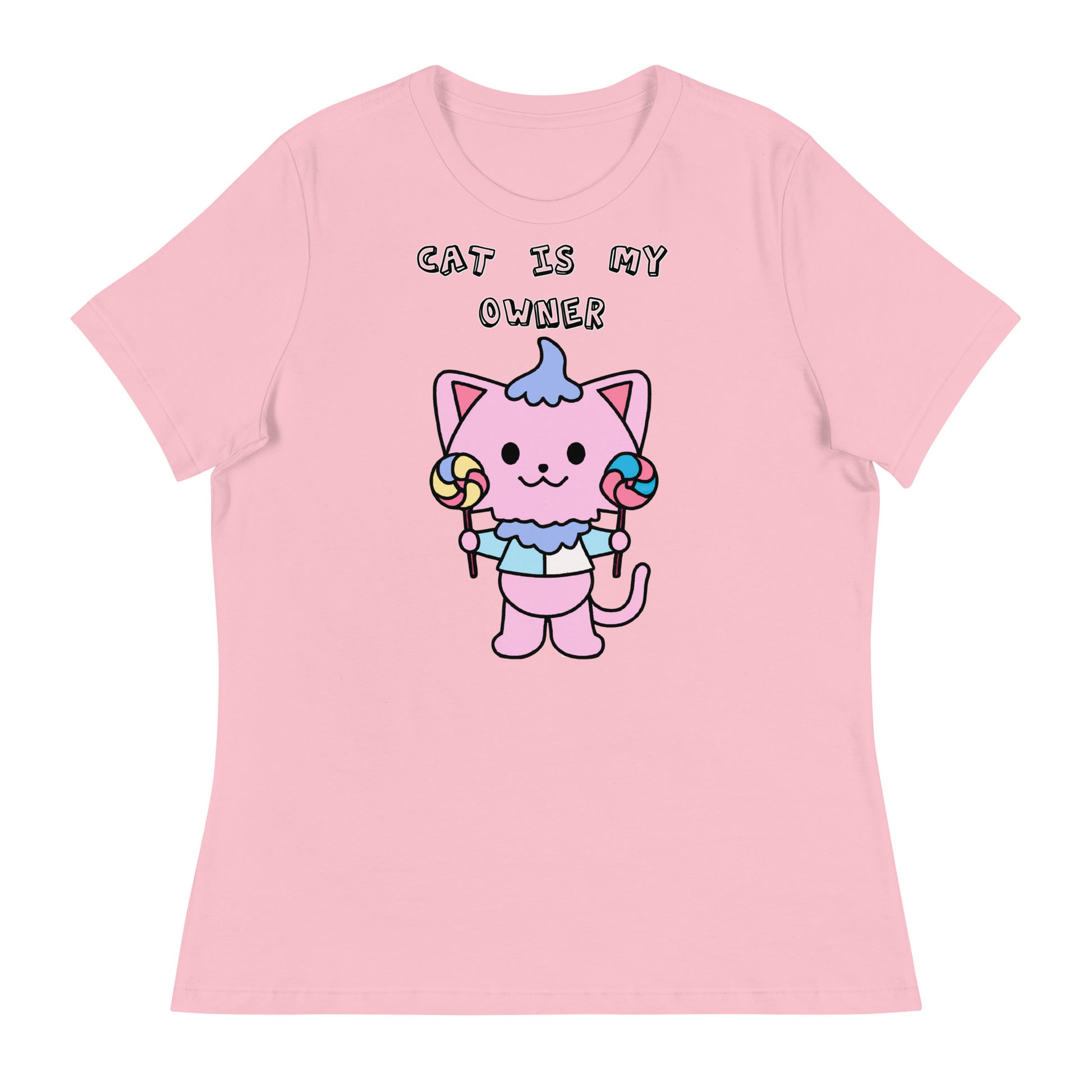 Women's White T-Shirt with Pink Kitten With Lollipops with a text "Cat Is My Owner" at $25.97 found at Personalizedpetlovergifts