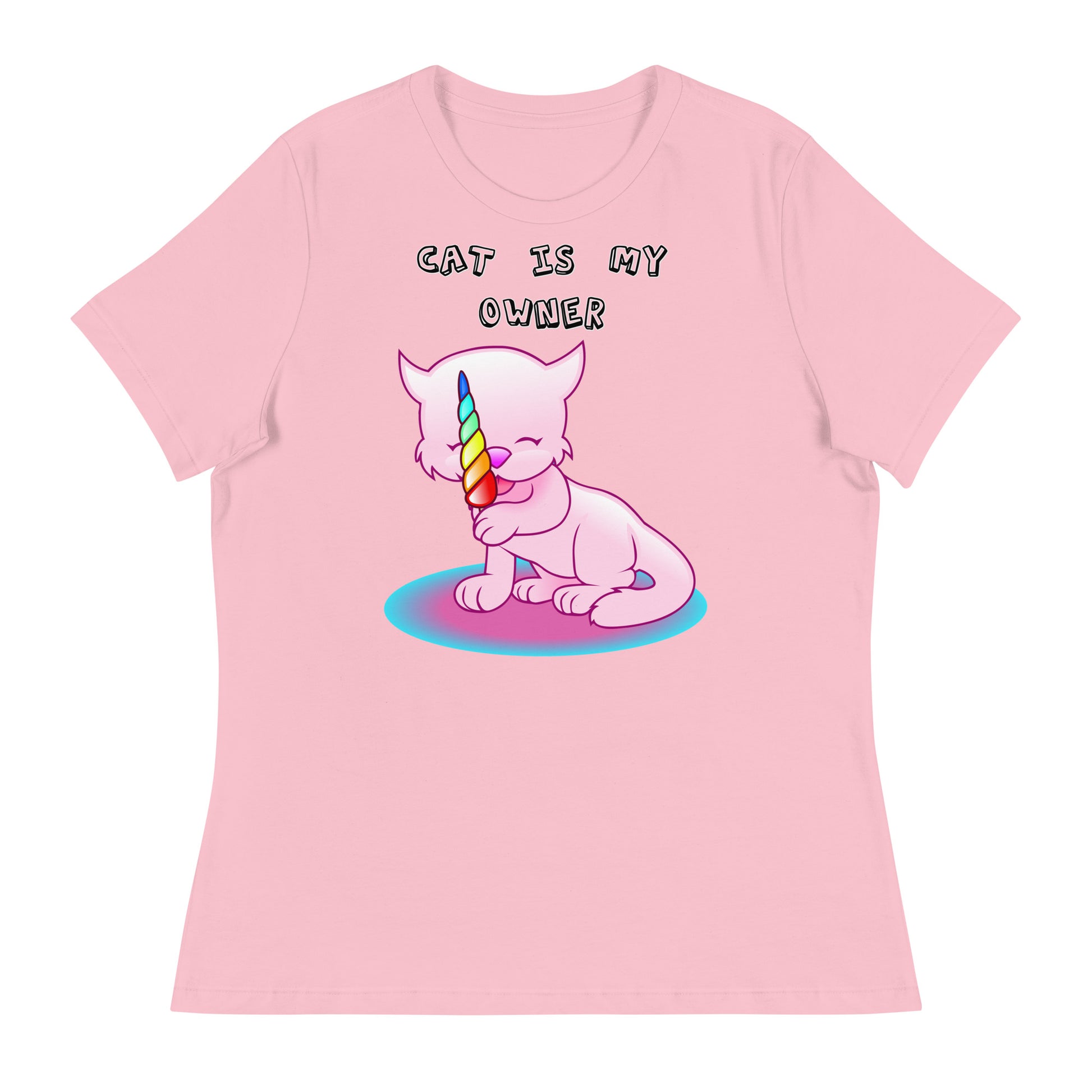 Women's White T-Shirt with Pink Kitten Licking Candy with a text "Cat Is My Owner" at $25.97 found at Personalizedpetlovergifts