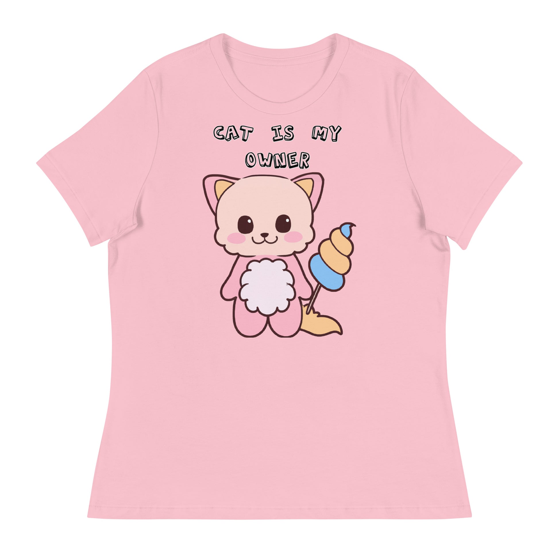 Women's White T-Shirt with Pink Kitten Holding a Cotton Candy with a text "Cat Is My Owner" at $25.97 found at Personalizedpetlovergifts