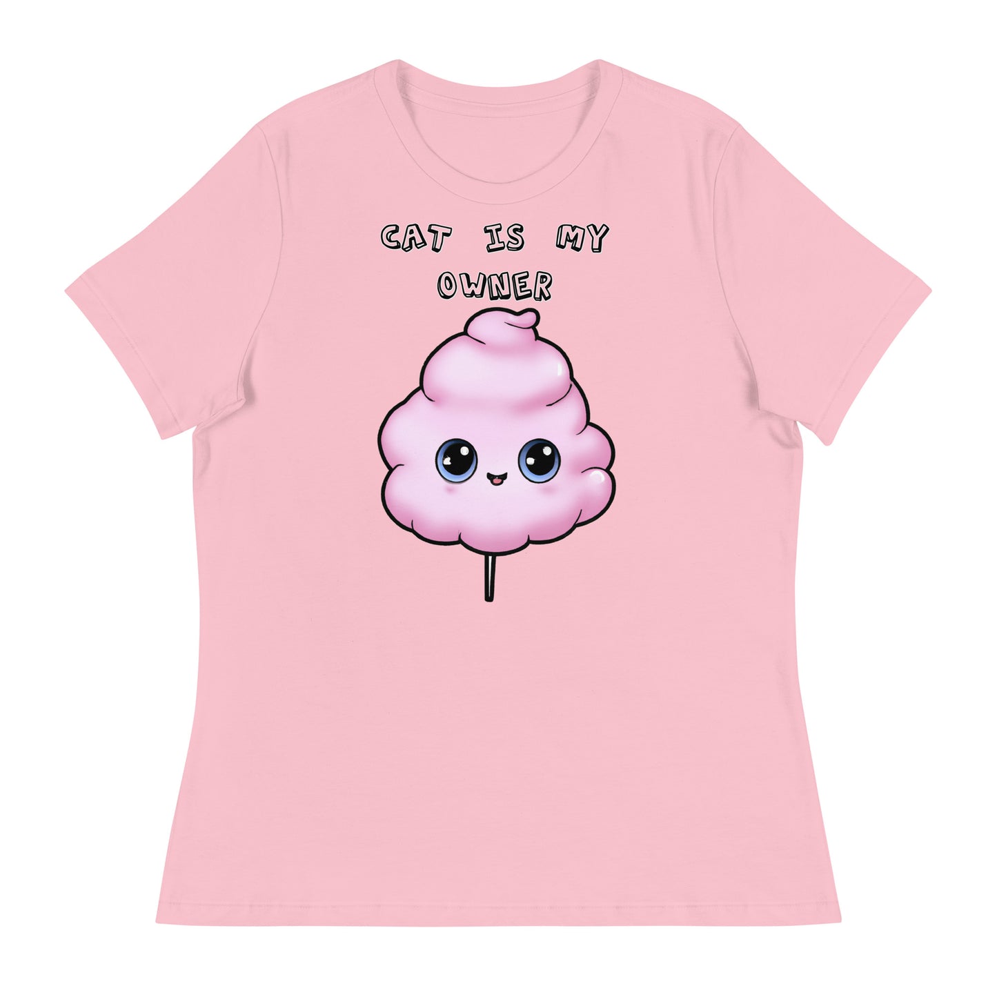 Women's White T-Shirt with Pink Cotton Candy With Cute Eyes with a text "Cat Is My Owner" at $25.97 found at Personalizedpetlovergifts