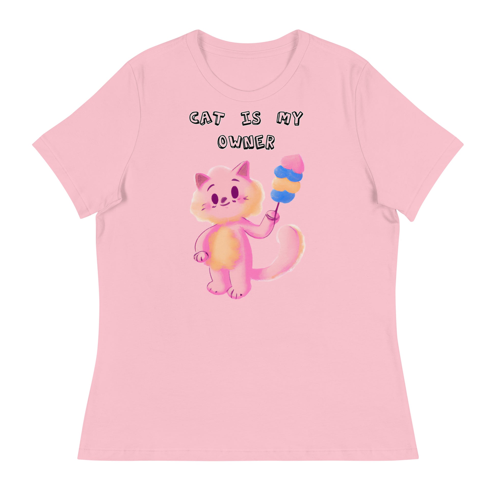 Women's White T-Shirt with Pink Cat With Cotton Candy with a text "Cat Is My Owner" at $25.97 found at Personalizedpetlovergifts