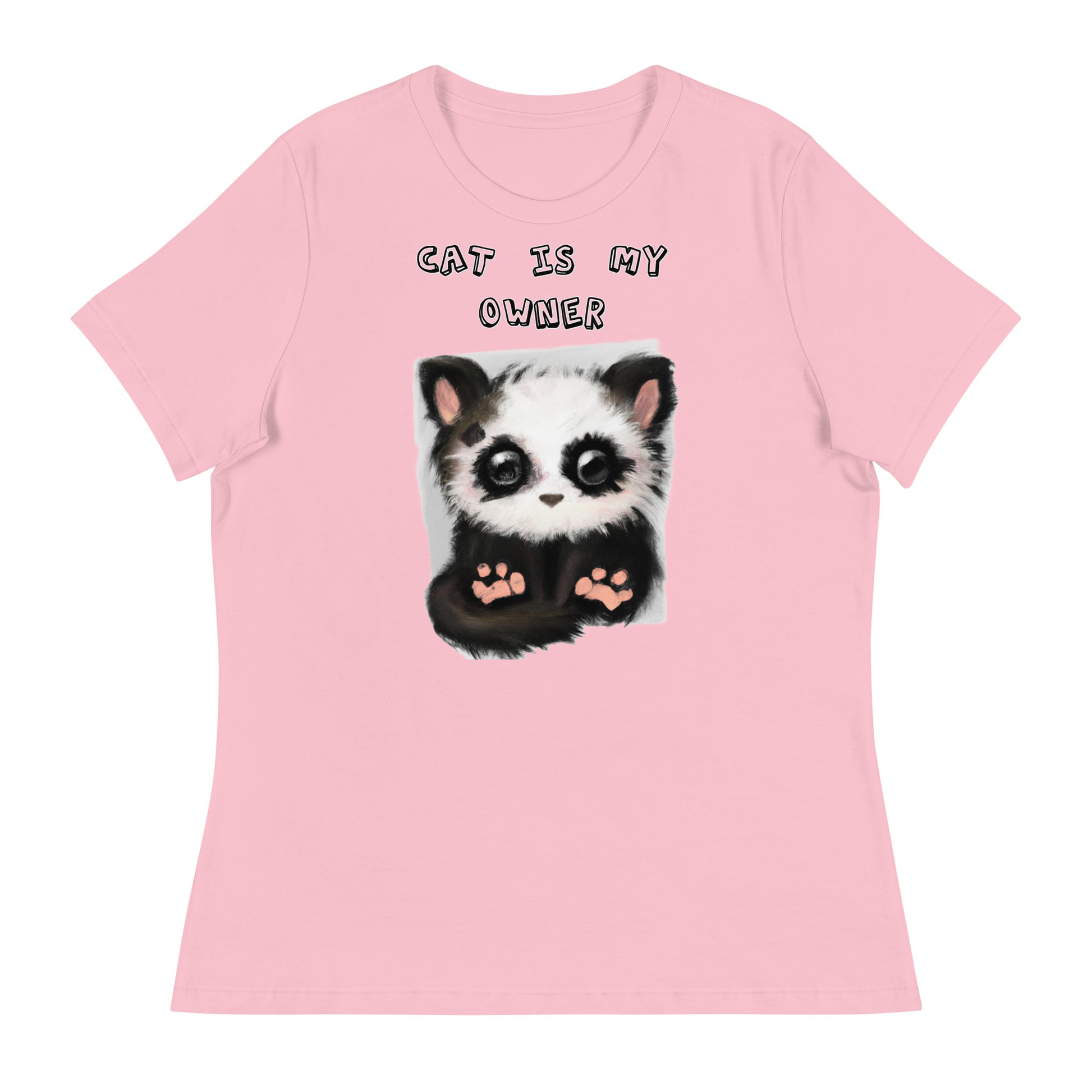 Women's White T-Shirt with Panda Kitten with a text "Cat Is My Owner" at $25.97 found at Personalizedpetlovergifts