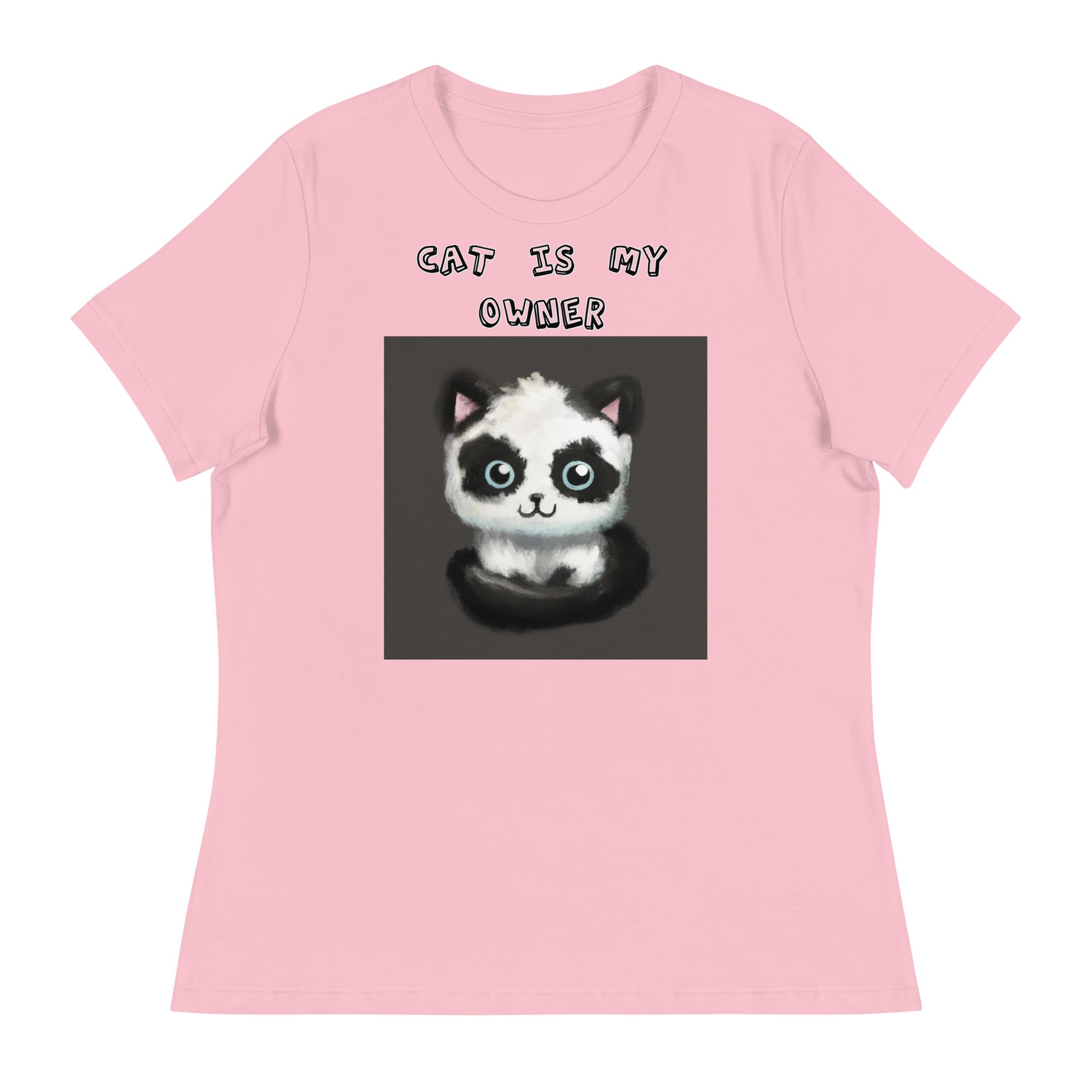 Women's White T-Shirt with Panda Colored Kitten with a text "Cat Is My Owner" at $25.97 found at Personalizedpetlovergifts