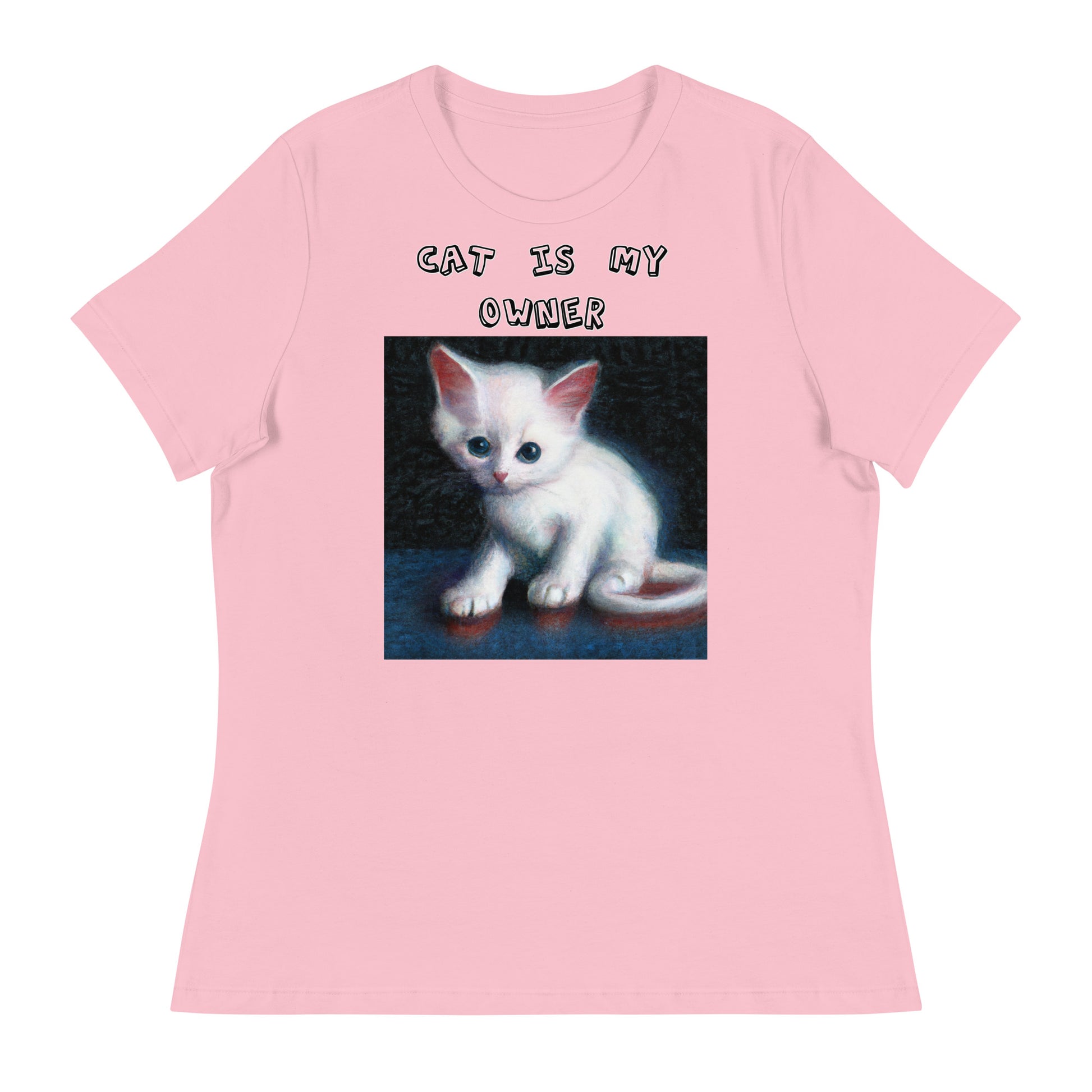 Women's White T-Shirt with Little Kitten with a text "Cat Is My Owner" at $25.97 found at Personalizedpetlovergifts