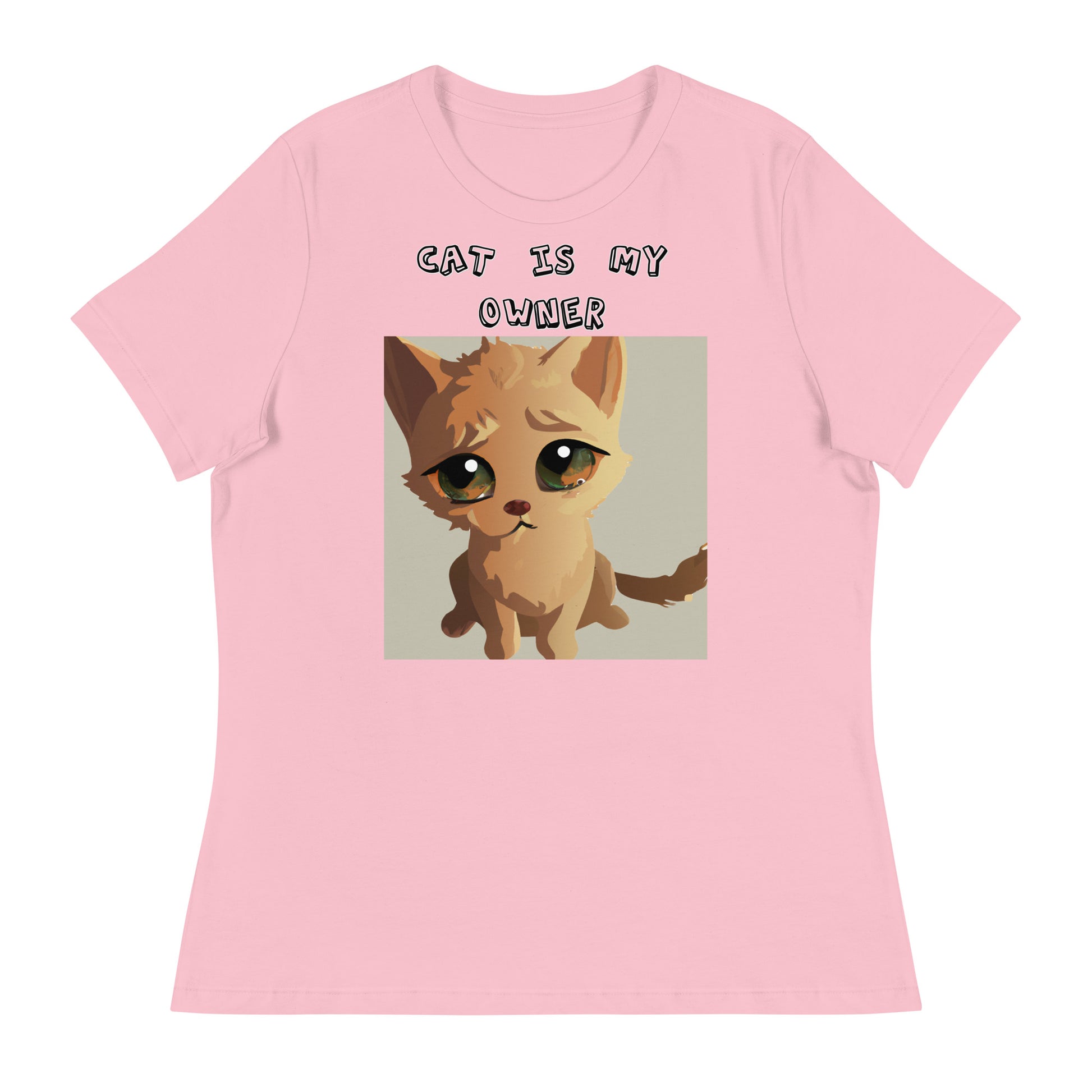 Women's White T-Shirt with Kitten With Sad Eyes with a text "Cat Is My Owner" at $25.97 found at Personalizedpetlovergifts