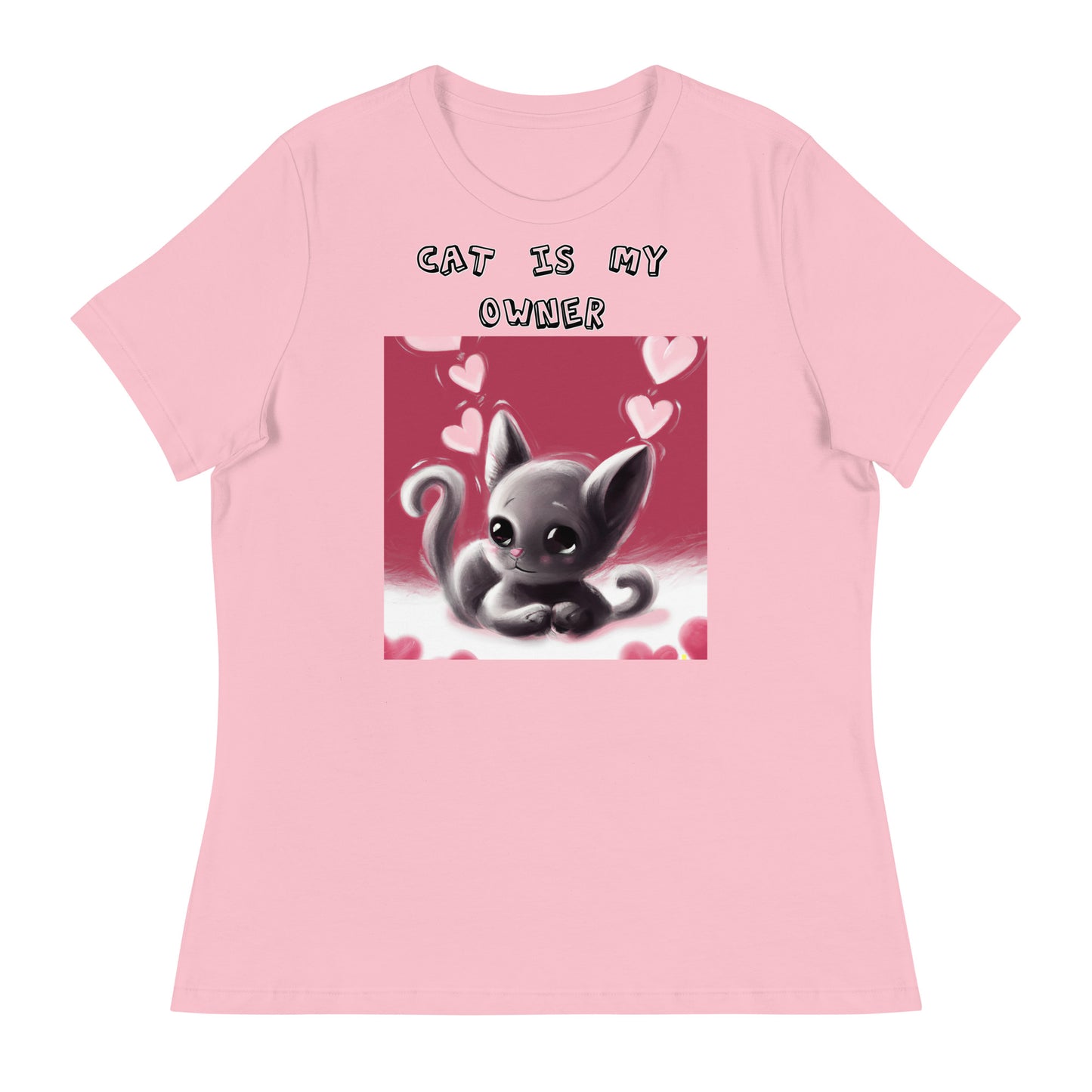 Women's White T-Shirt with Kitten With Pink Hearts with a text "Cat Is My Owner" at $25.97 found at Personalizedpetlovergifts