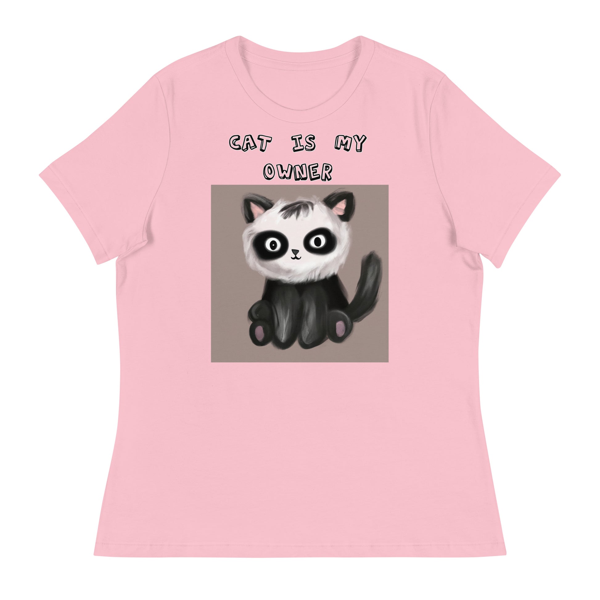 Women's White T-Shirt with Kitten With Panda Colors with a text "Cat Is My Owner" at $25.97 found at Personalizedpetlovergifts