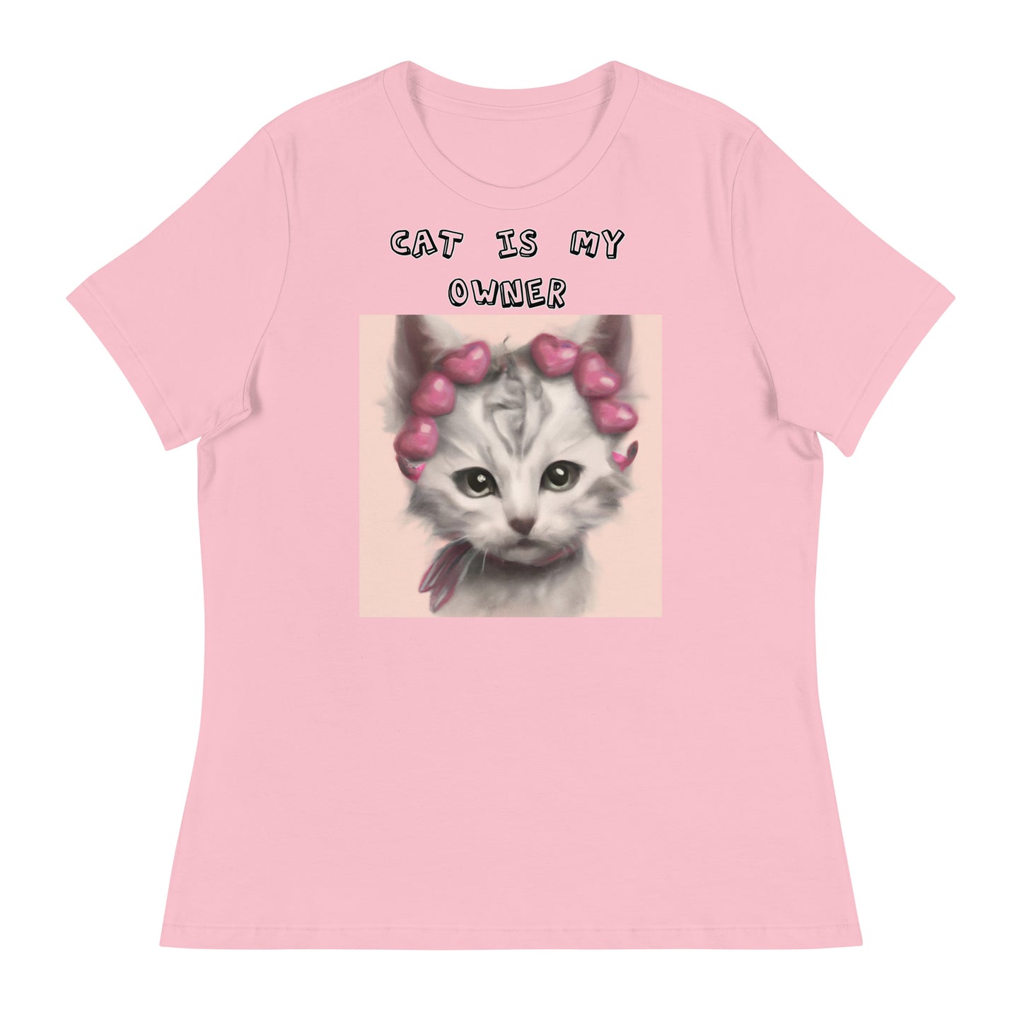 Women's White T-Shirt with Kitten With Heart Headband with a text "Cat Is My Owner" at $25.97 found at Personalizedpetlovergifts