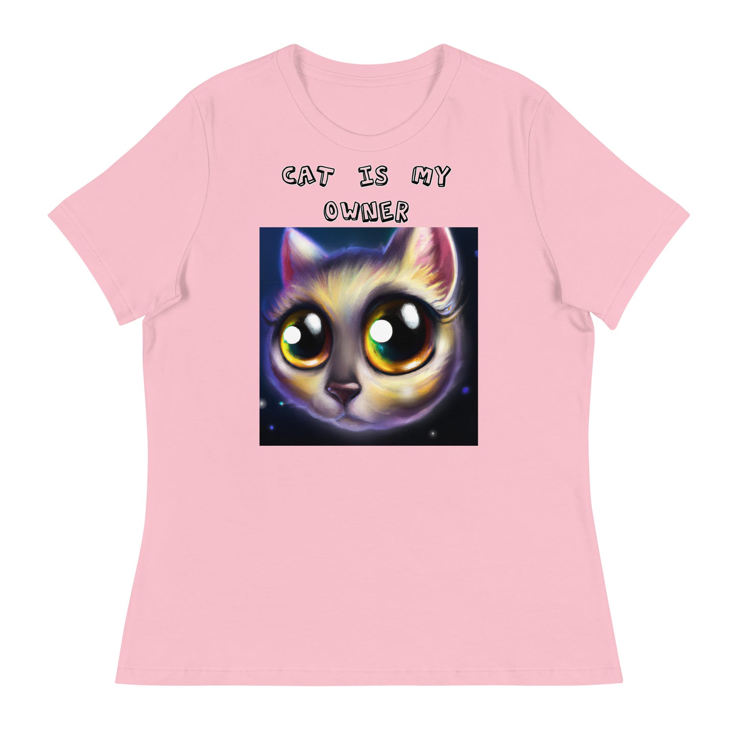 Women's White T-Shirt with Kitten With Cute Sad Eyes with a text "Cat Is My Owner" at $25.97 found at Personalizedpetlovergifts