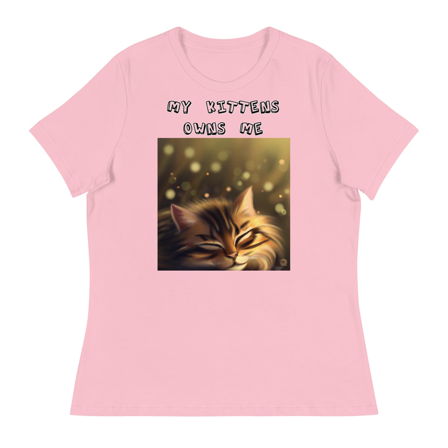 Women's White T-Shirt with Sleepy Cat with a text "My Kittens Own Me" at $25.97 found at Personalizedpetlovergifts