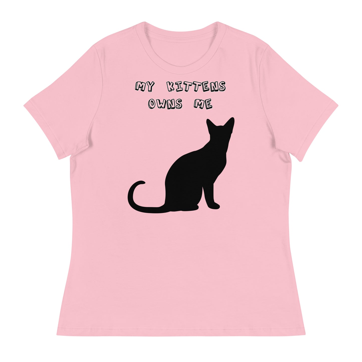 Women's White T-Shirt with Silhouette Of a Black Cat with a text "My Kittens Own Me" at $25.97 found at Personalizedpetlovergifts