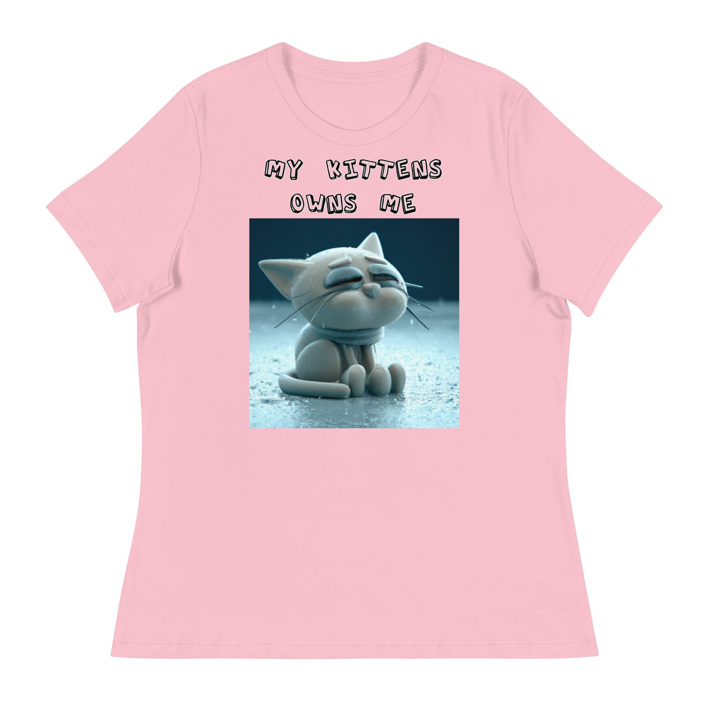 Women's White T-Shirt with Sad Sitting Kitten with a text "My Kittens Own Me" at $25.97 found at Personalizedpetlovergifts