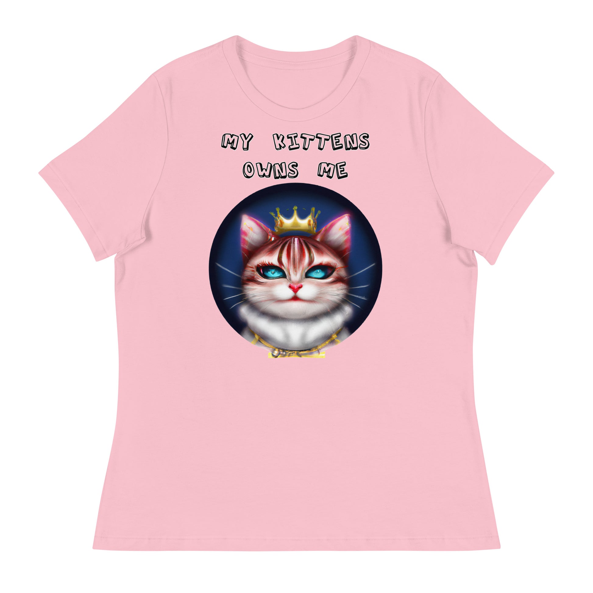 Women's White T-Shirt with Queen Kitten In a Circle with a text "My Kittens Own Me" at $25.97 found at Personalizedpetlovergifts