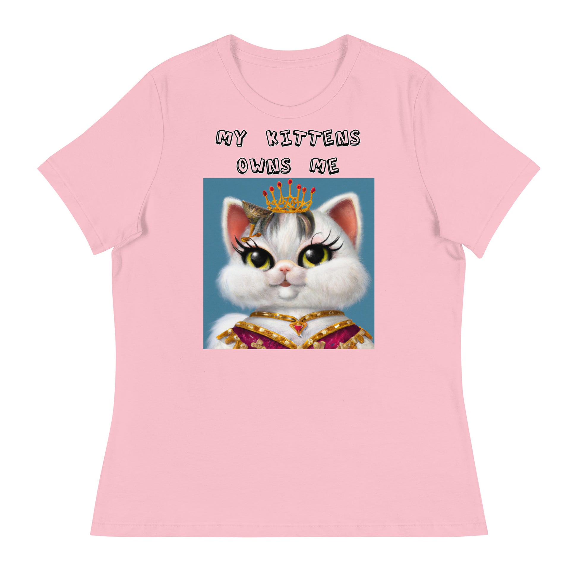 Women's White T-Shirt with Pretty Queen Cat with a text "My Kittens Own Me" at $25.97 found at Personalizedpetlovergifts