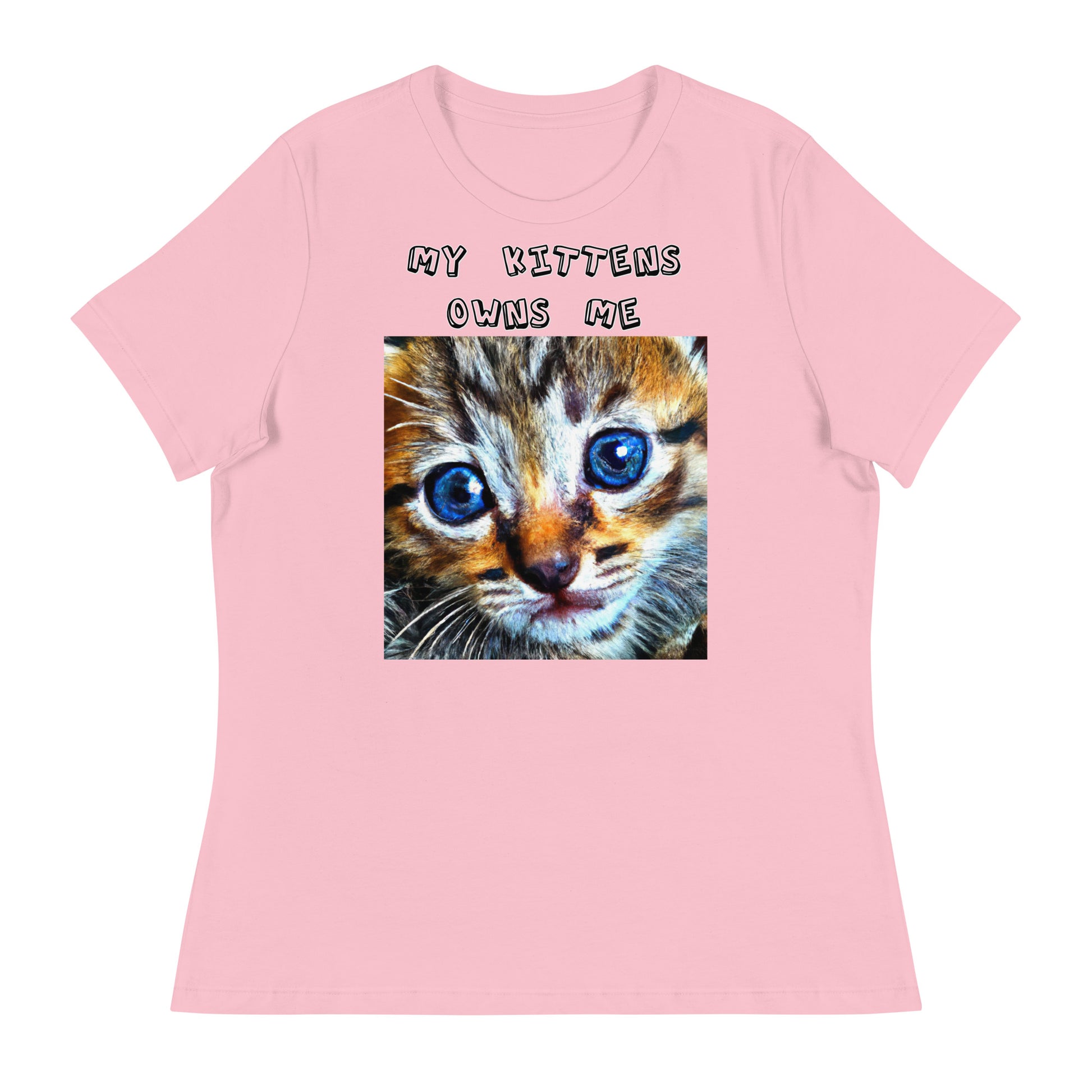 Women's White T-Shirt with Portrait Painting Of a Cat with a text "My Kittens Own Me" at $25.97 found at Personalizedpetlovergifts