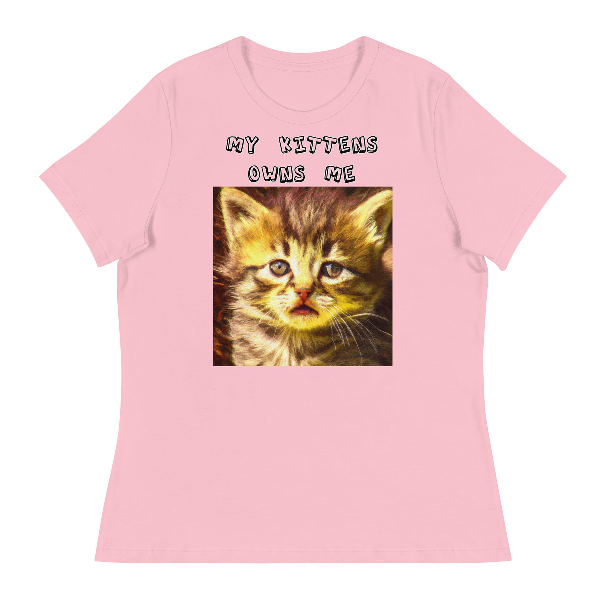 Women's White T-Shirt with Portrait Of a Fluffy Kitten with a text "My Kittens Own Me" at $25.97 found at Personalizedpetlovergifts