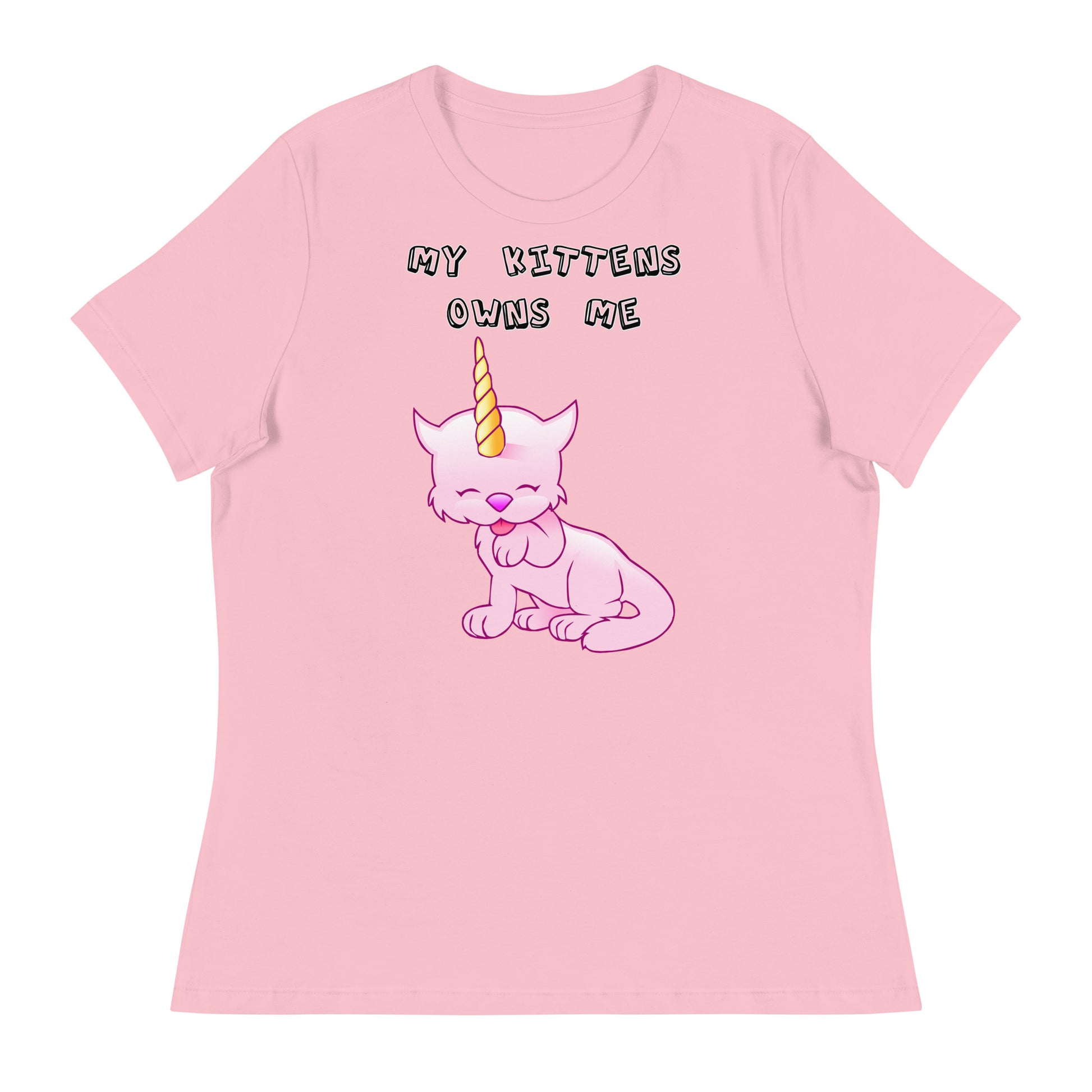 Women's White T-Shirt with Pink Unicorn Cat Licking Its Paw with a text "My Kittens Own Me" at $25.97 found at Personalizedpetlovergifts