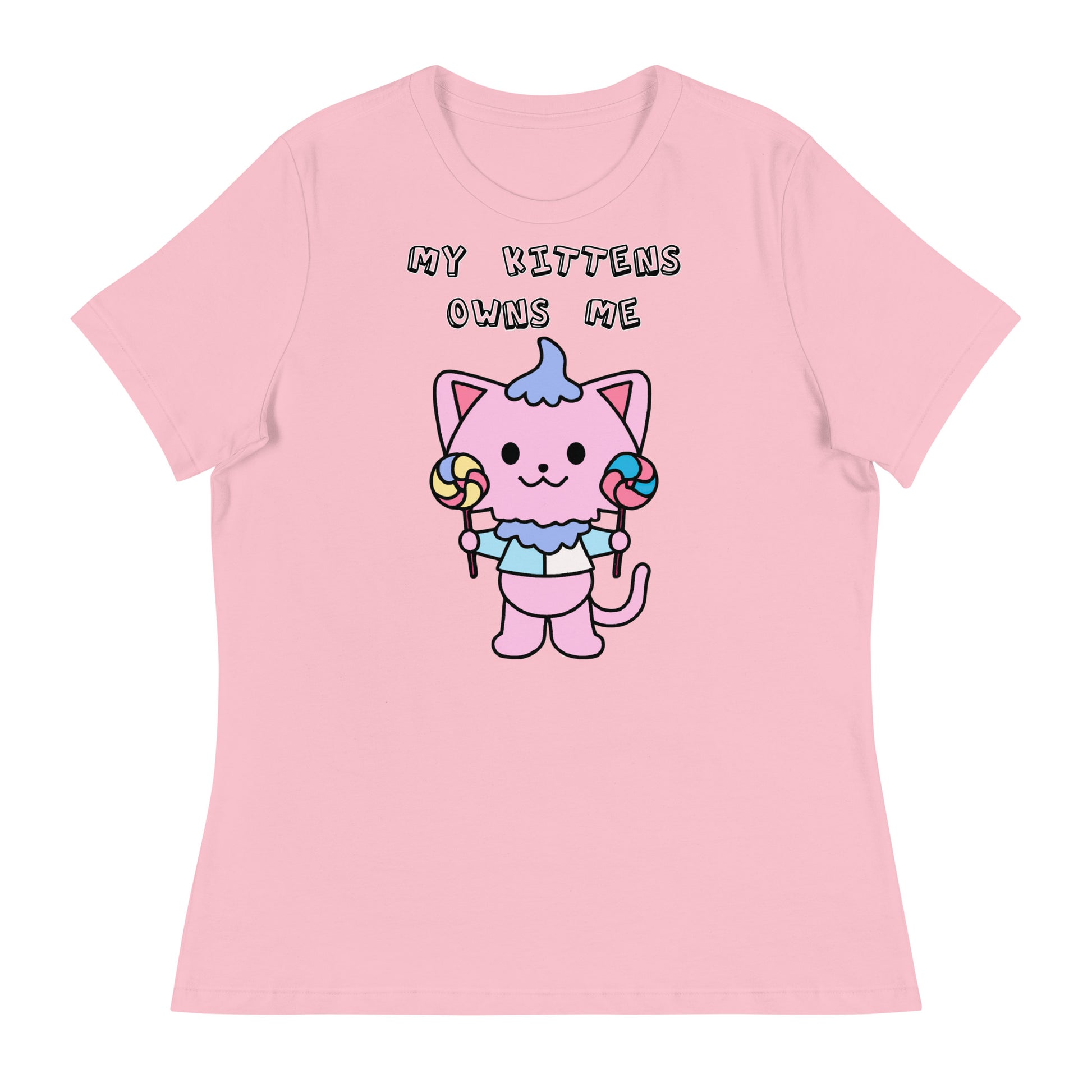 Women's White T-Shirt with Pink Kitten With Lollipops with a text "My Kittens Own Me" at $25.97 found at Personalizedpetlovergifts