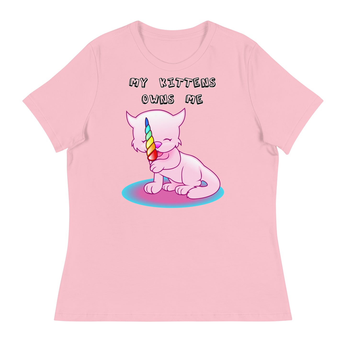 Women's White T-Shirt with Pink Kitten Licking Candy with a text "My Kittens Own Me" at $25.97 found at Personalizedpetlovergifts