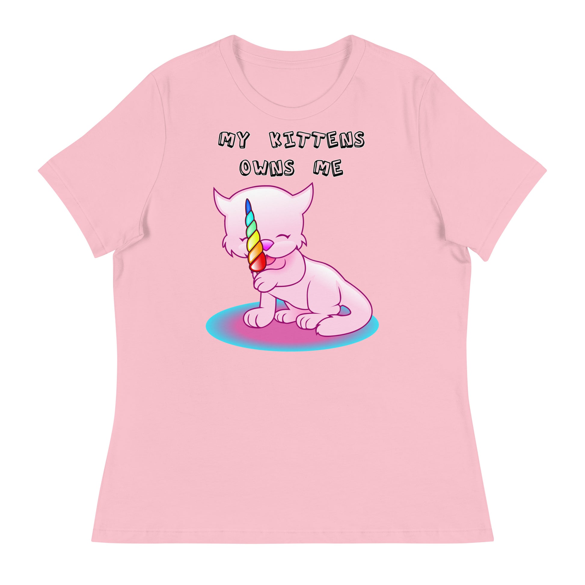 Women's White T-Shirt with Pink Kitten Licking Candy with a text "My Kittens Own Me" at $25.97 found at Personalizedpetlovergifts