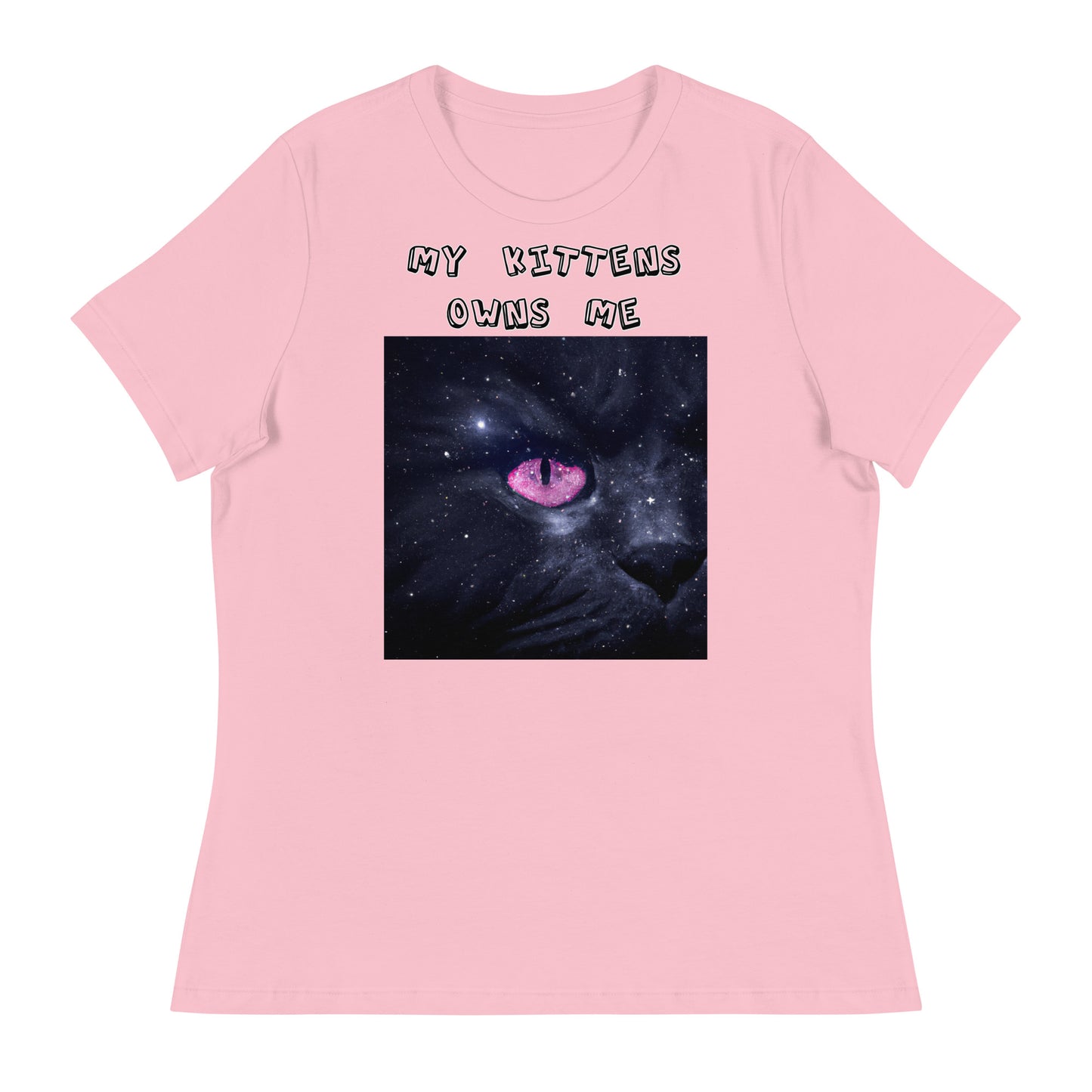 Women's White T-Shirt with Pink Galaxy Eyed Cat with a text "My Kittens Own Me" at $25.97 found at Personalizedpetlovergifts