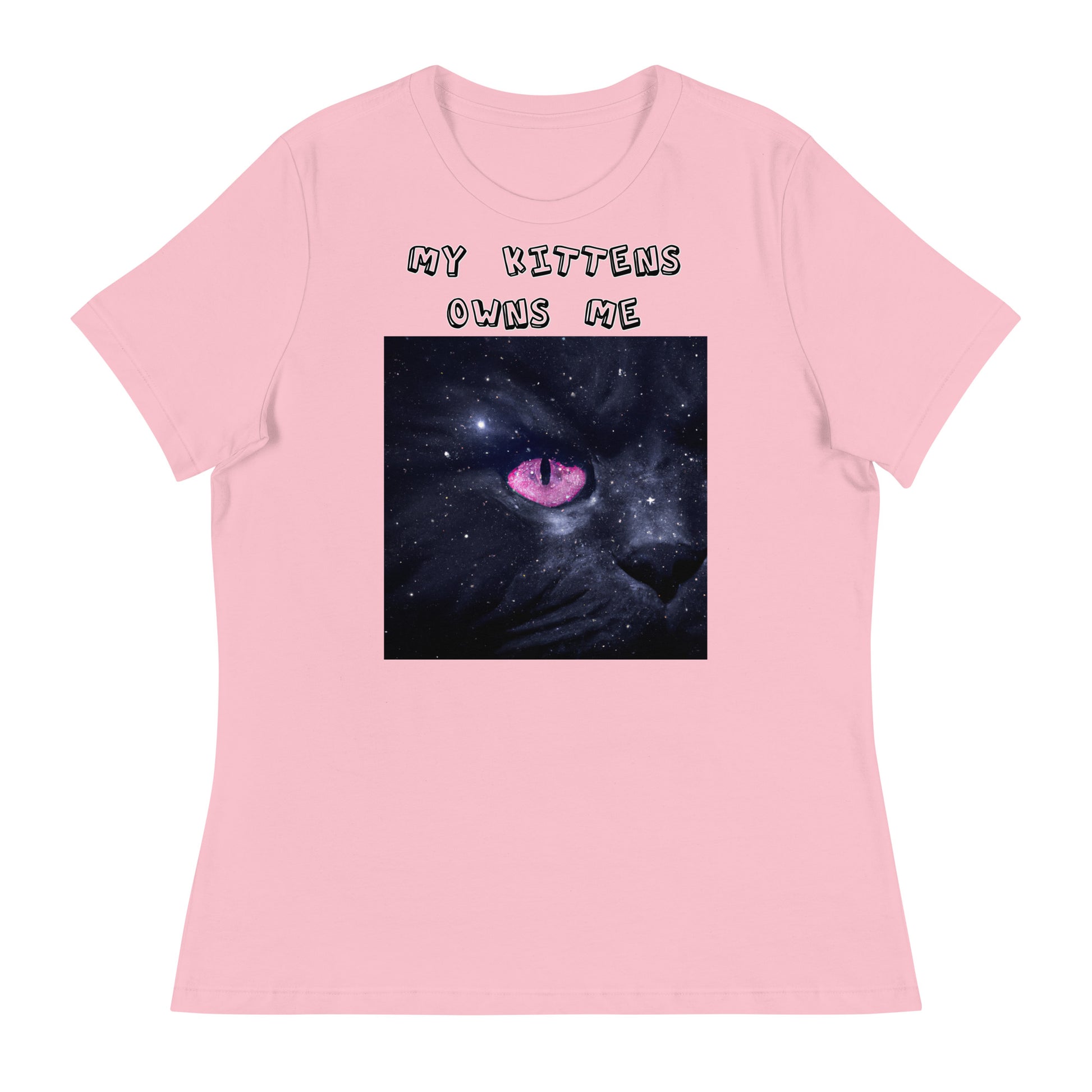 Women's White T-Shirt with Pink Galaxy Eyed Cat with a text "My Kittens Own Me" at $25.97 found at Personalizedpetlovergifts